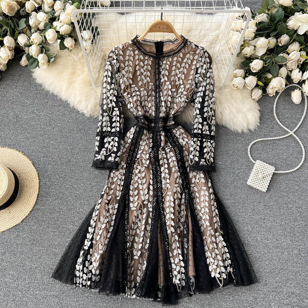 Elegant Long Sleeve Mesh Embroidery A-Line Dress for Women - Perfect for Fall/Winter, Parties & Special Occasions