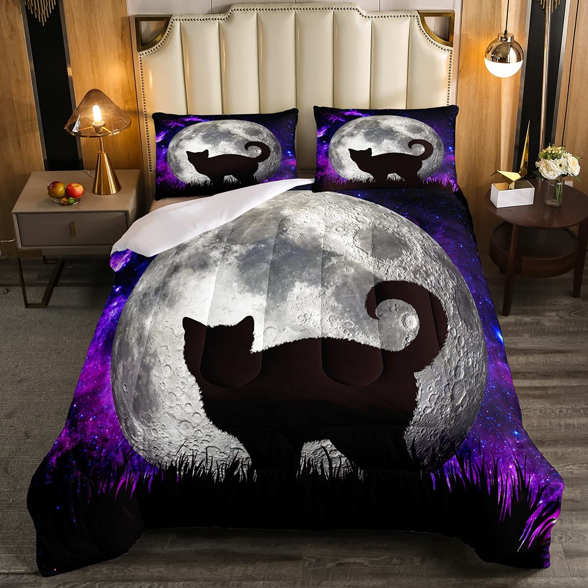 Galaxy Comforter Set Queen Size - Cat Silhouette Bedding for Teens & Kids - Space Themed Room Decor