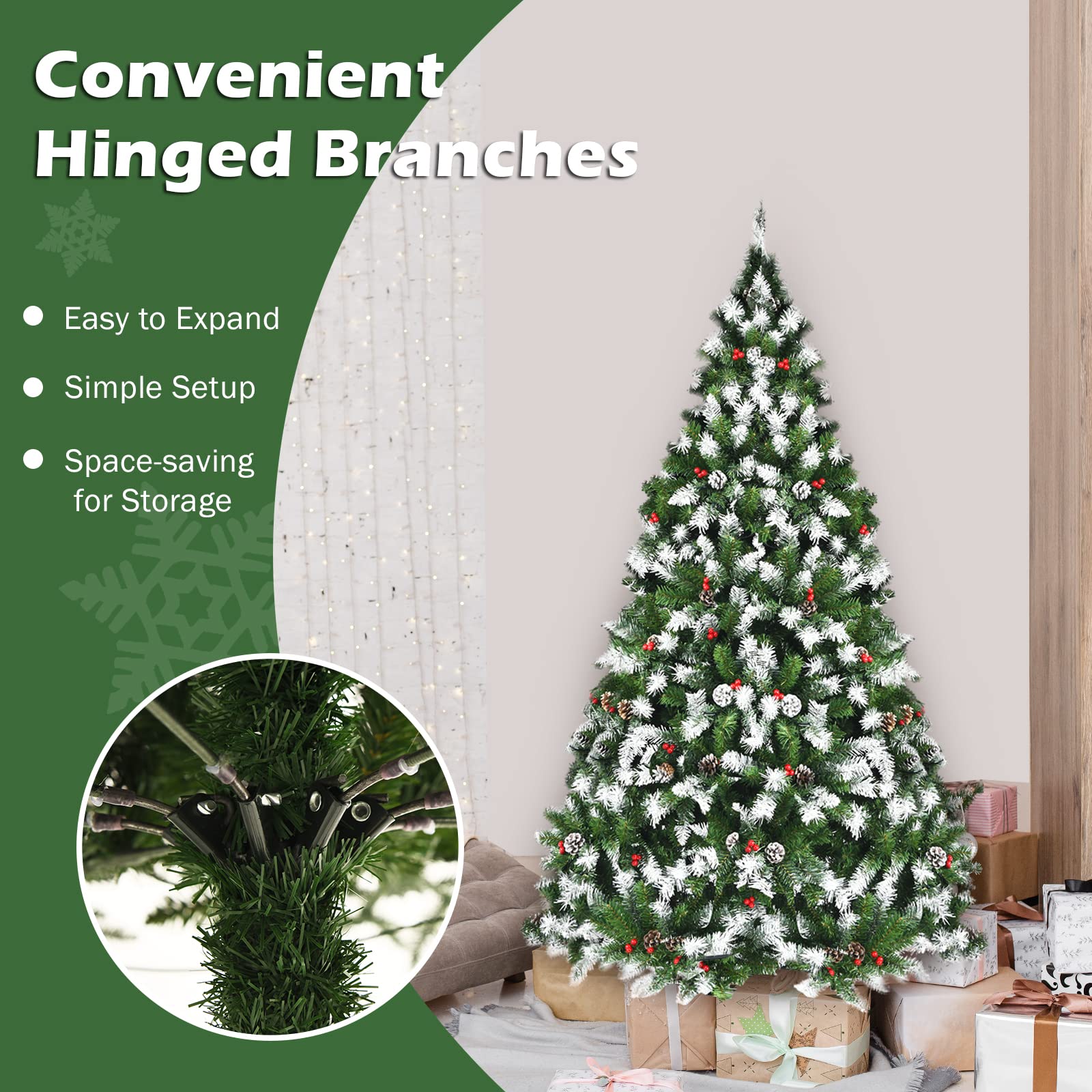 GOFLAME 6ft Pre-Lit Snow Flocked Artificial Christmas Tree with 250 Warm White LED Lights, 8 Lighting Modes, Hinged Branches & Sturdy Metal Stand - Perfect for Living Room, Office, and Holiday Festival Indoor Decorations