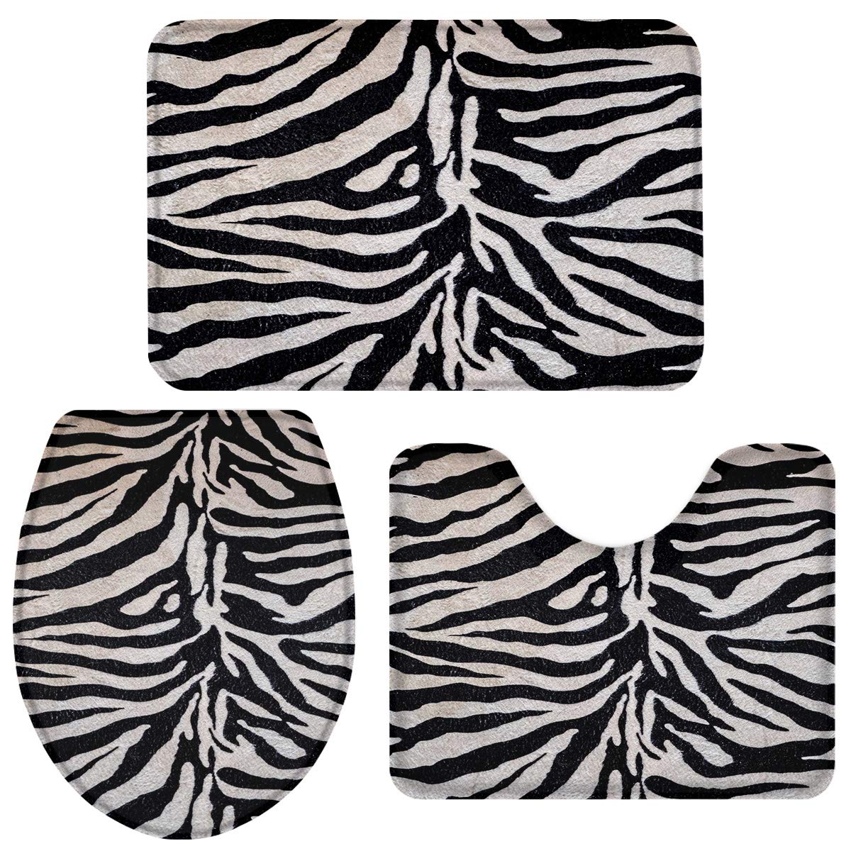Premium 3-Piece Zebra Print Bath Rug Set - Non-Slip Bathroom Mat, U-Shaped Toilet Mat & Toilet Lid Cover - Super Absorbent, Washable Wild Animal Design for Bathroom & Home Decor - Perfect for Modern, Farmhouse or Jungle-Themed Bathrooms