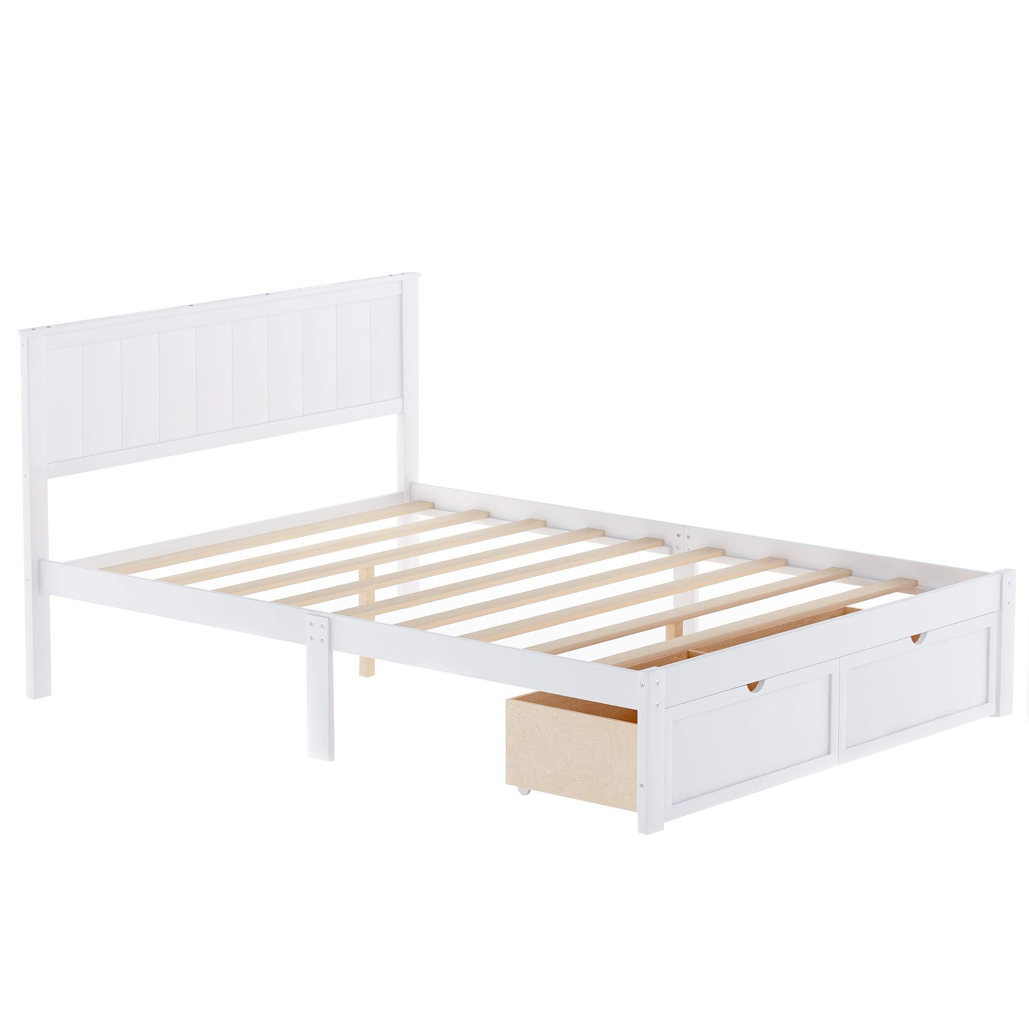 Merax Full Size Wooden Bed Frame with Headboard & 2 Storage Drawers - No Box Spring Required - White - Perfect for Small Bedrooms & Guest Rooms