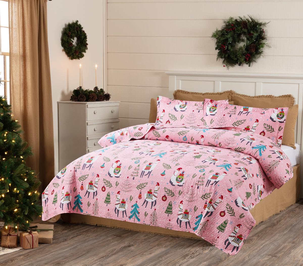 Smuge Kids Pink Christmas Alpaca Quilt Set Twin Size - Snowflake Tree Printed Bedding for Holiday & Xmas Celebration - Soft Bedspread Comforter Cover - Cozy Bedroom Decor for Winter Season