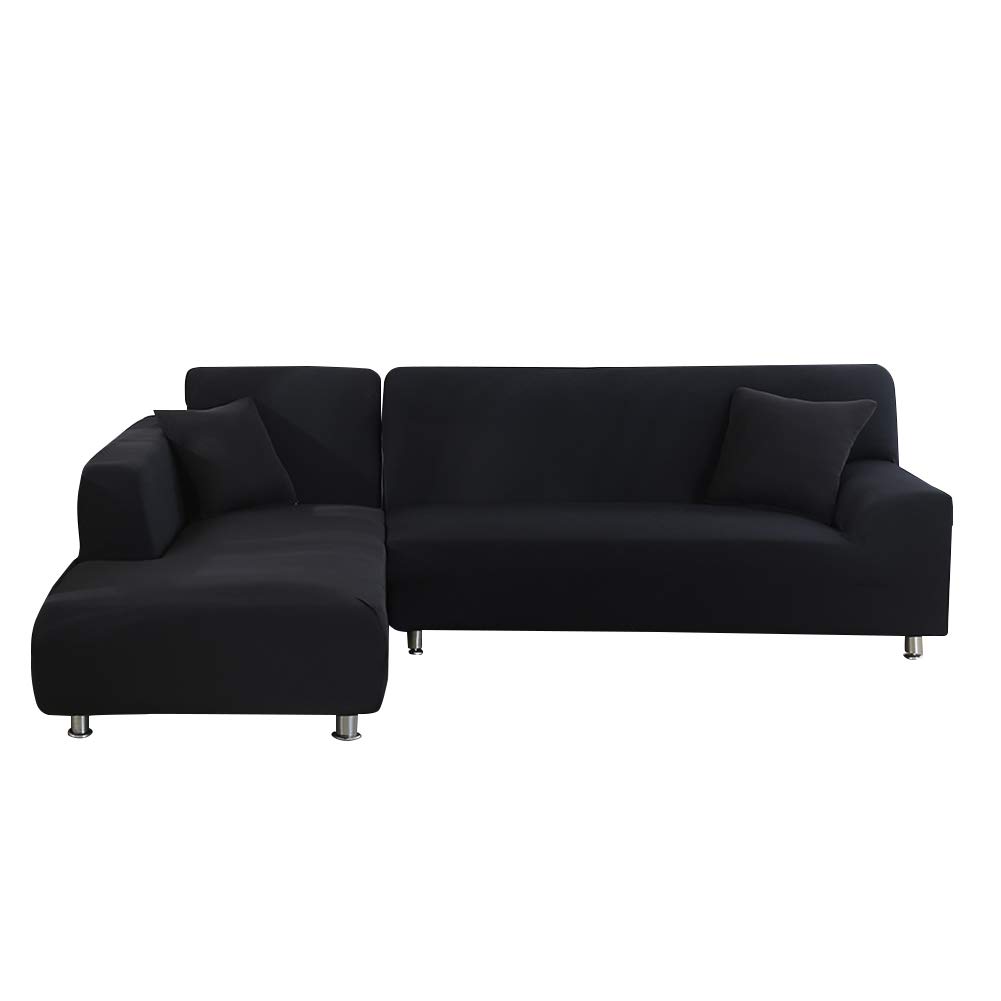 ELEOPTION Stretchable Sectional Sofa Slipcover - Universal 2-Piece L-Shaped Couch Cover Protector with Gift Pillow Case (Pure Black, Fits 4+3 Seater) - Perfect for Living Room, Family Room & Home Theater Furniture Protection