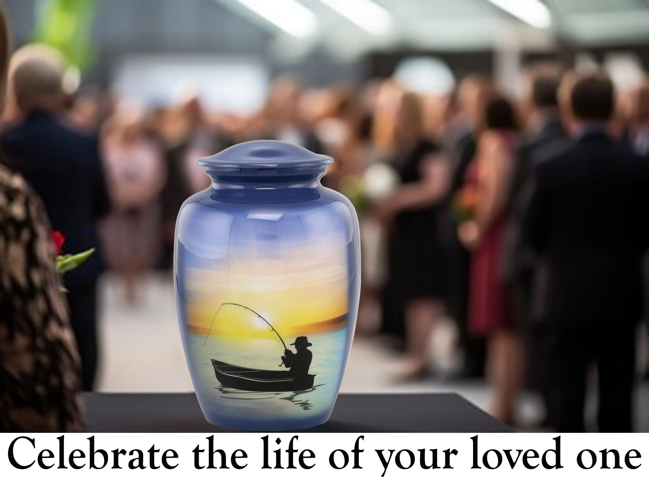 Hand-Painted Fishing Cremation Urn for Ashes - Memorial Urn for Fishermen - Large Handmade Funeral Urn with Velvet Bag - Perfect for Home Memorials, Cemetery Burials & Ash Storage - Ideal Gift for Fishing Enthusiasts