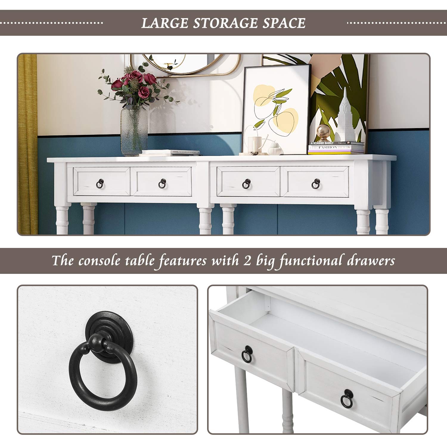 Solid Wood Console Table with Storage Drawers & Shelf - Antique White Sofa Table for Entryway, Living Room, Hallway - Perfect for Home Decor, Organizing Keys & Mail, Displaying Decor Items