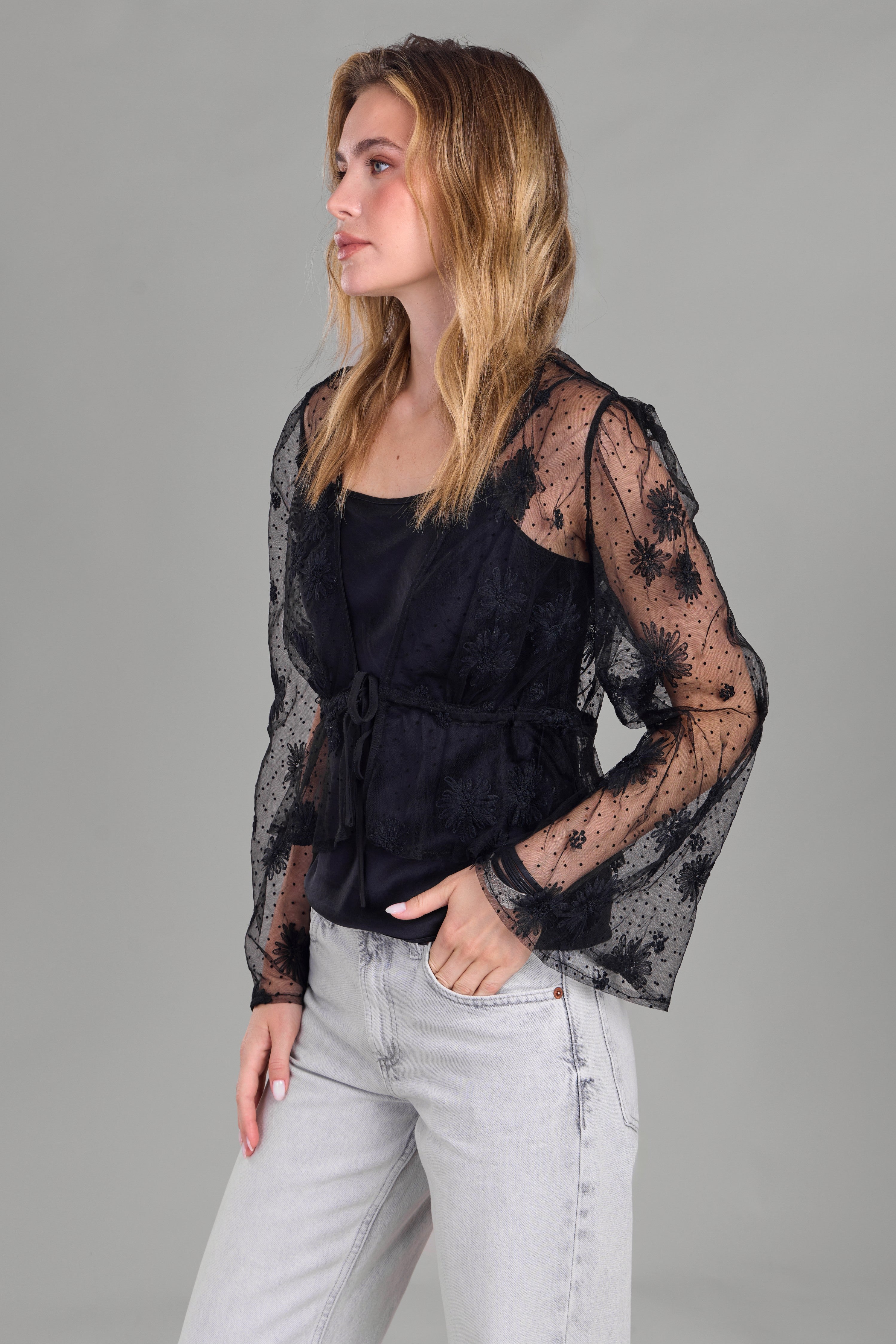 Floral Mesh Tie Top for Women - Stylish Summer Blouse for Casual Outings & Beach Vacations