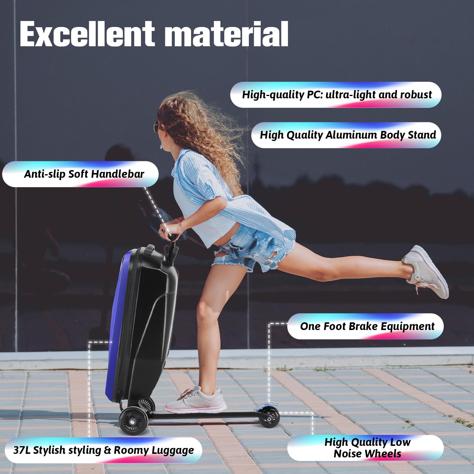 Best Ride-On Scooter Luggage for Kids & Adults - Lightweight Foldable Hardside Suitcase with Wheels for Ages 4-15 - Multifunctional Carry-On for Children & Teenagers (Sapphire Blue) - Perfect for Air Travel, Family Vacations & School Trips
