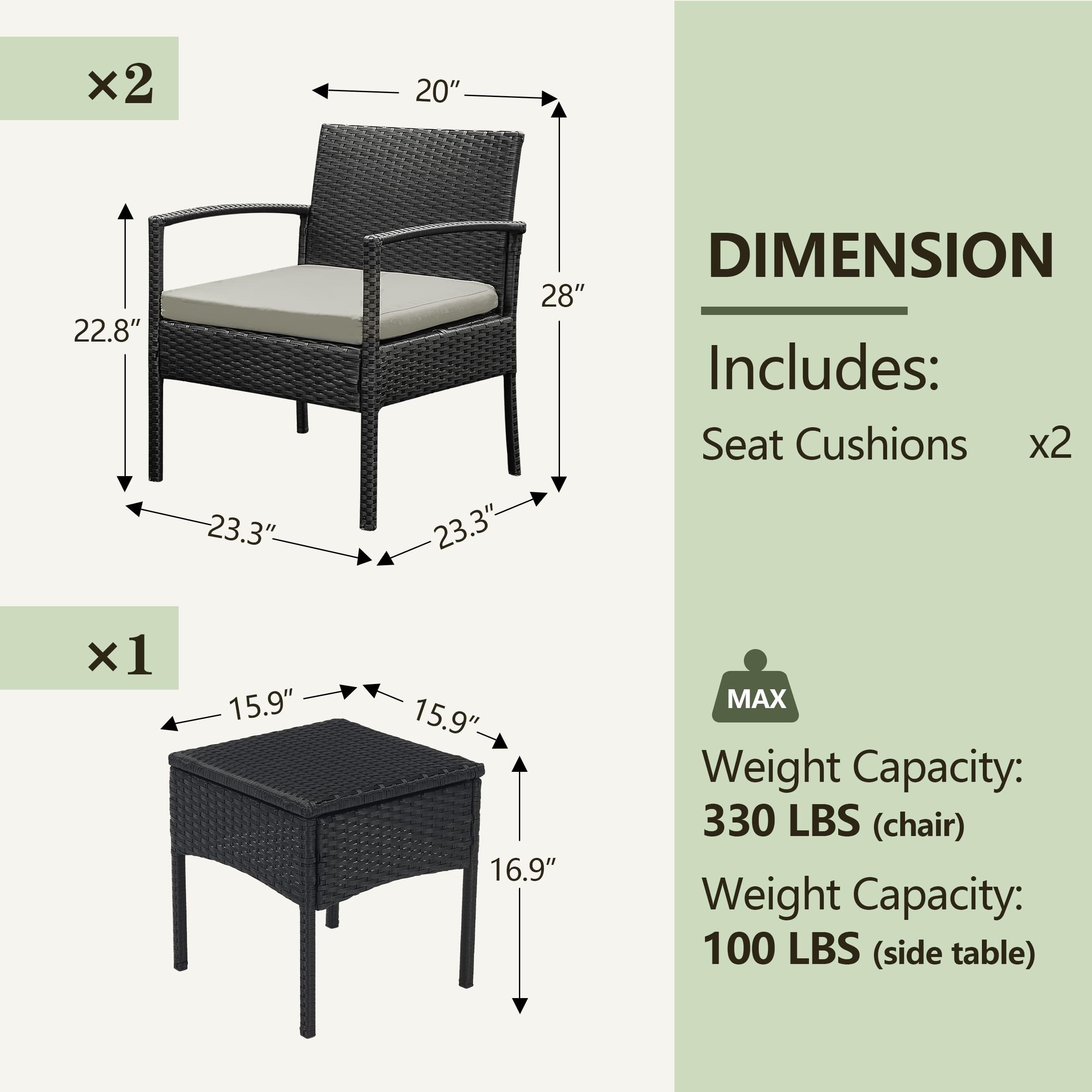 PROHIKER 3-Piece Patio Rattan Chair Set, Outdoor Wicker Conversation Furniture for Garden, Porch, Balcony & Yard - Gray - Perfect for Relaxing, Entertaining & Outdoor Dining