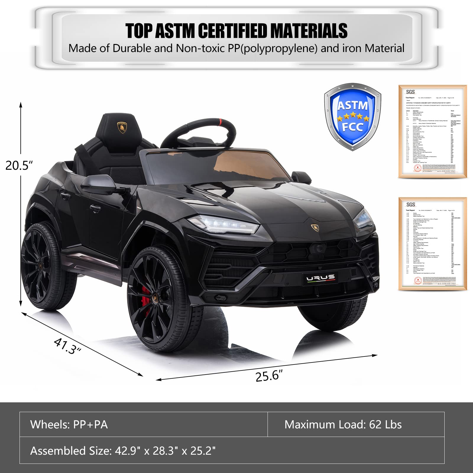 12V Licensed Lamborghini Kids Electric Ride On Car with Remote Control - AUX, Spring Suspension, LED Lights & Music - Perfect for Birthday Gifts & Outdoor Play (Black)