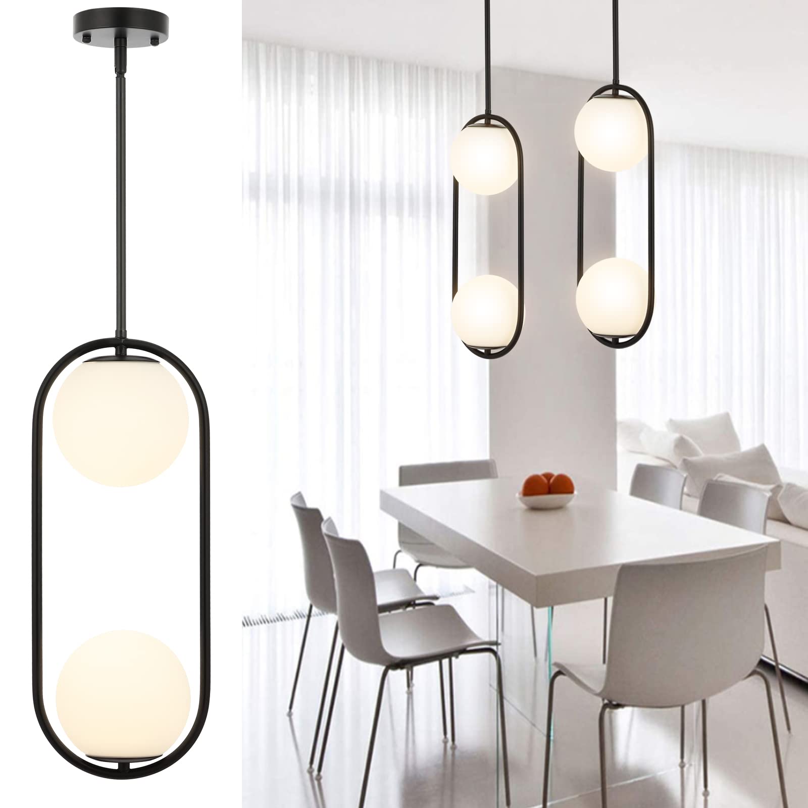 2-Lights Modern Globe Chandelier - Mid Century Pendant Light Fixture with White Glass Shades - Matte Black Ceiling Hanging Lighting for Kitchen Island, Dining Room, Bedroom - Perfect for Home Decor, Restaurant, and Office Lighting