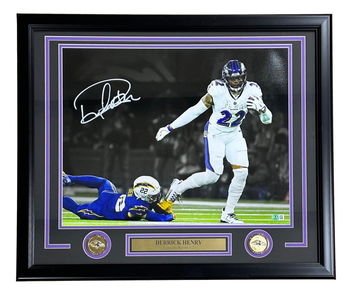 Derrick Henry Autographed Baltimore Ravens White Jersey Framed 16x20 Photo - NFL Memorabilia, Collectible Sports Gift for Fans, Man Cave Decor, Game Room Display
