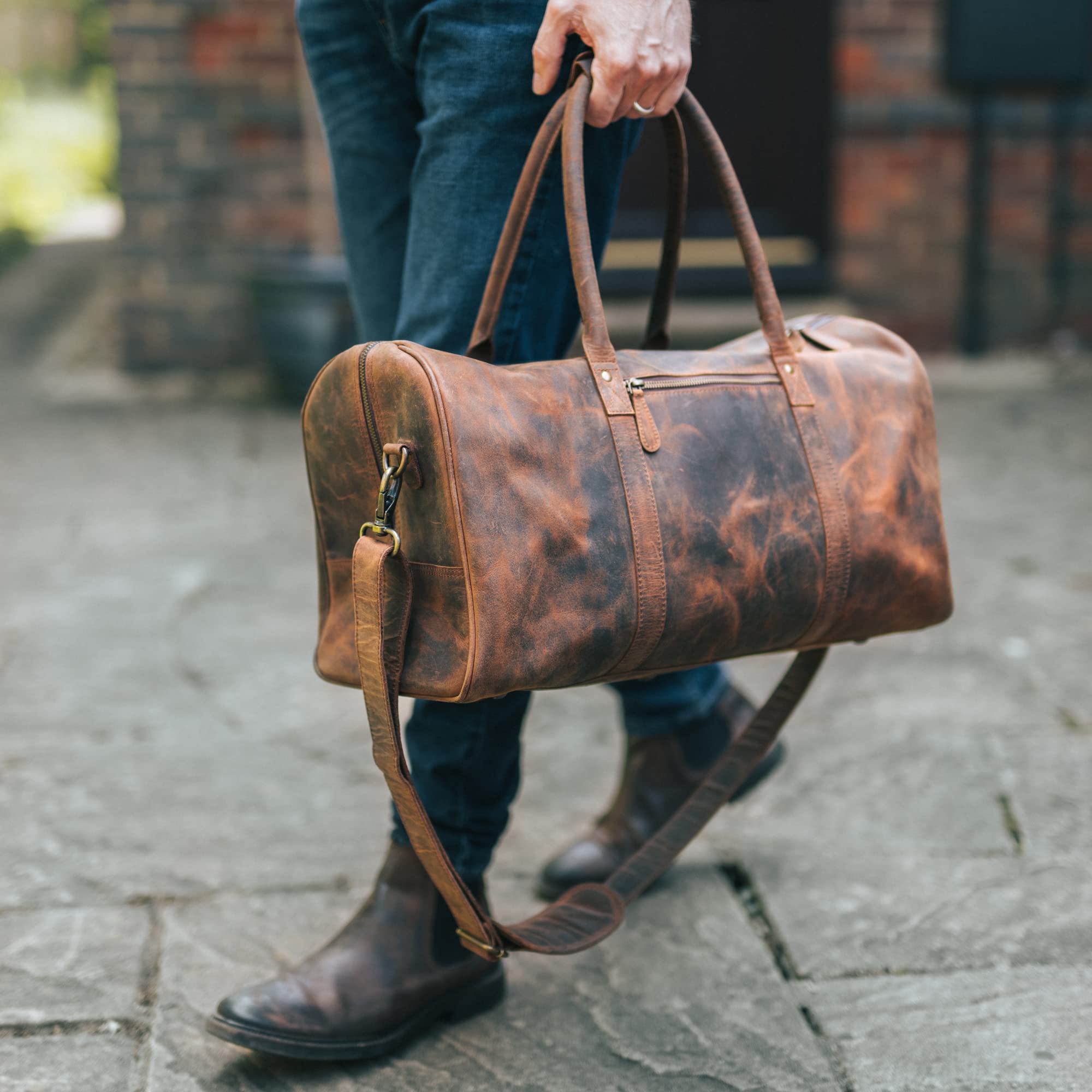Premium Buffalo Leather Duffle Bag for Men & Women - Vintage Rustic Weekender Travel Bag - Perfect for Gym, Business Trips & Weekend Getaways