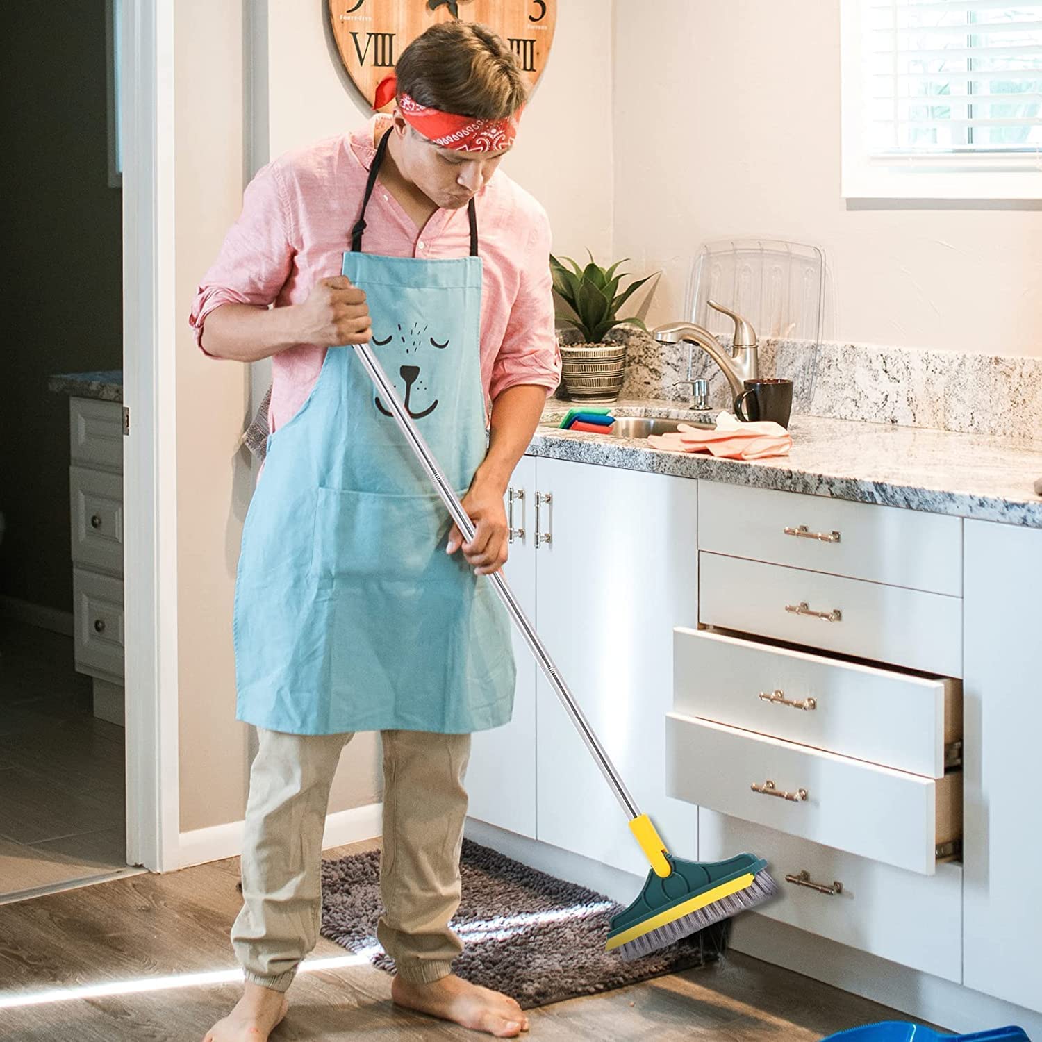 Long Handle Grout Brush with V-Shape Stiff Bristles & Squeegee - 120° Rotating Tile Cleaning Brush for Bathroom, Kitchen & Floor (2-in-1 Scrubber & Wiper) - Perfect for Grout Lines, Tile Floors, Shower Cleaning & Home Maintenance