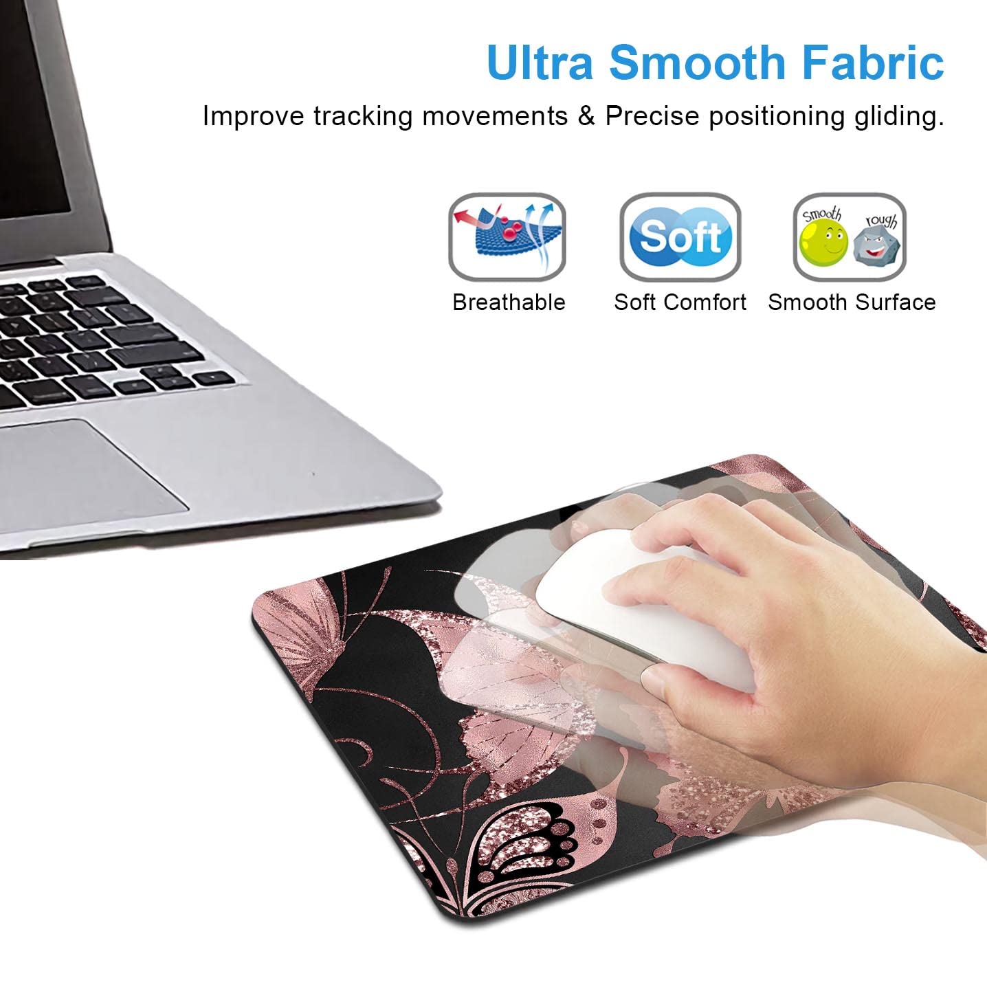 IMAYONDIA Rose Gold Butterfly Mouse Pad - Non-Slip Rubber Base Desk Mat for Gaming & Office Work (9.5
