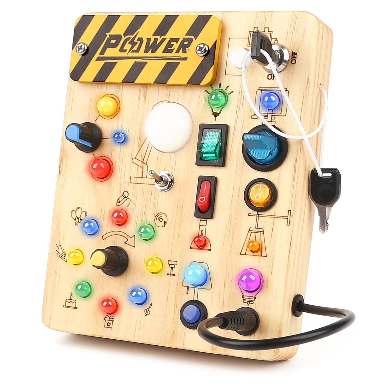Joyreal Montessori Busy Board - Wooden Sensory Toy with LED Light Switch for Toddlers 18+ Months | Educational Travel Toy for 1-3 Year Old Boys & Girls | Perfect Gift for Learning Fine Motor Skills & Focus - Great for Airplane, Car Rides & Quiet Playtime