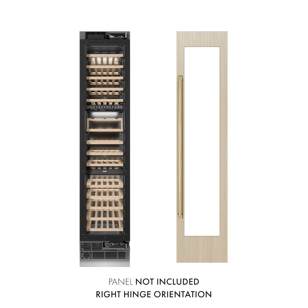 ZLINE Autograph Edition 18 Inch 9.0 cu ft Triple Zone 68 Bottle Panel Ready Right Hinge Column Wine Cooler with Polished Gold Accents - Perfect for Home Bars, Wine Cellars, and Entertaining Spaces (RBCWVRZ 18 G)