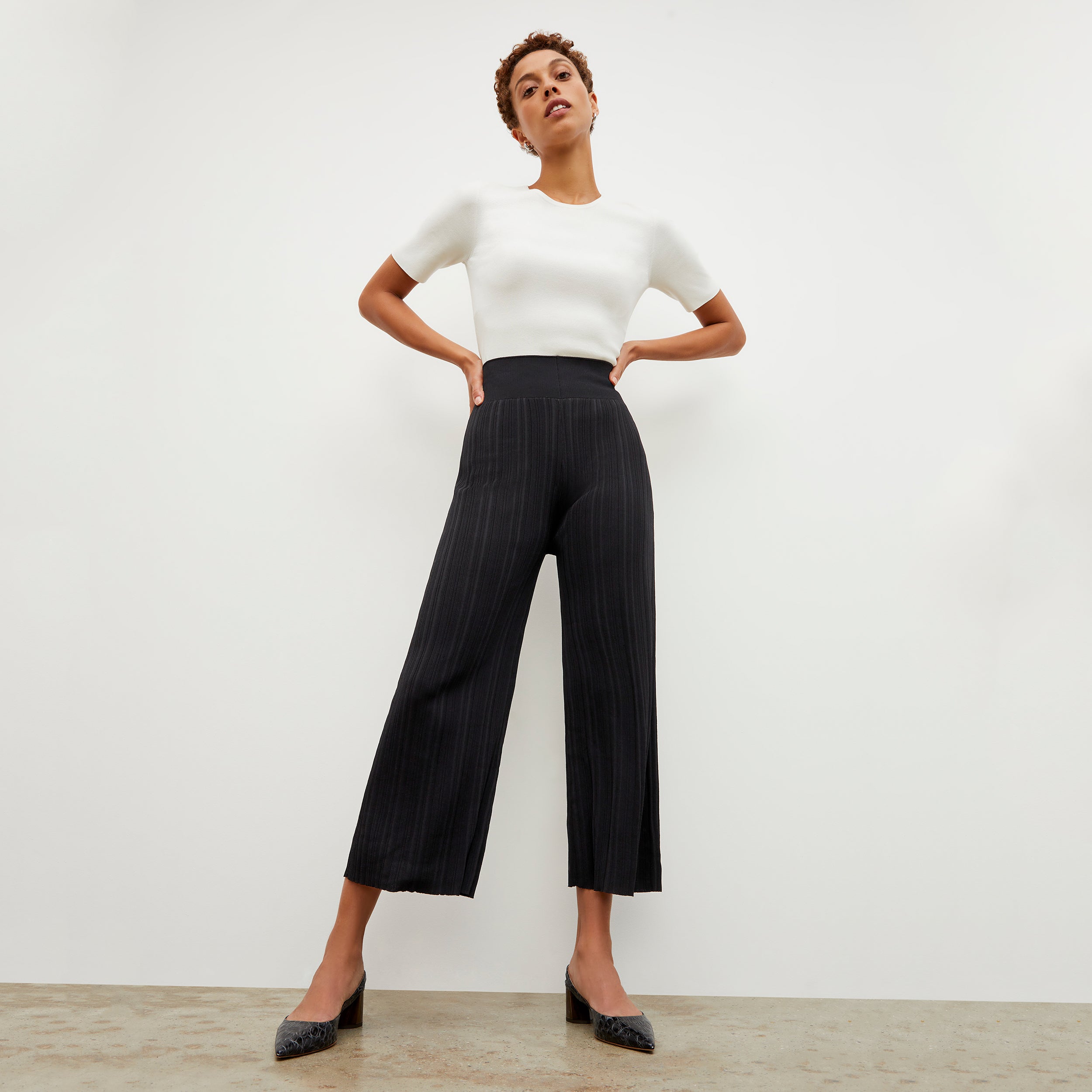 Marijane Pant Textured Knit Women's High Waisted Pants - Black | Comfortable Stretchy Lounge Pants for Yoga, Travel & Casual Wear