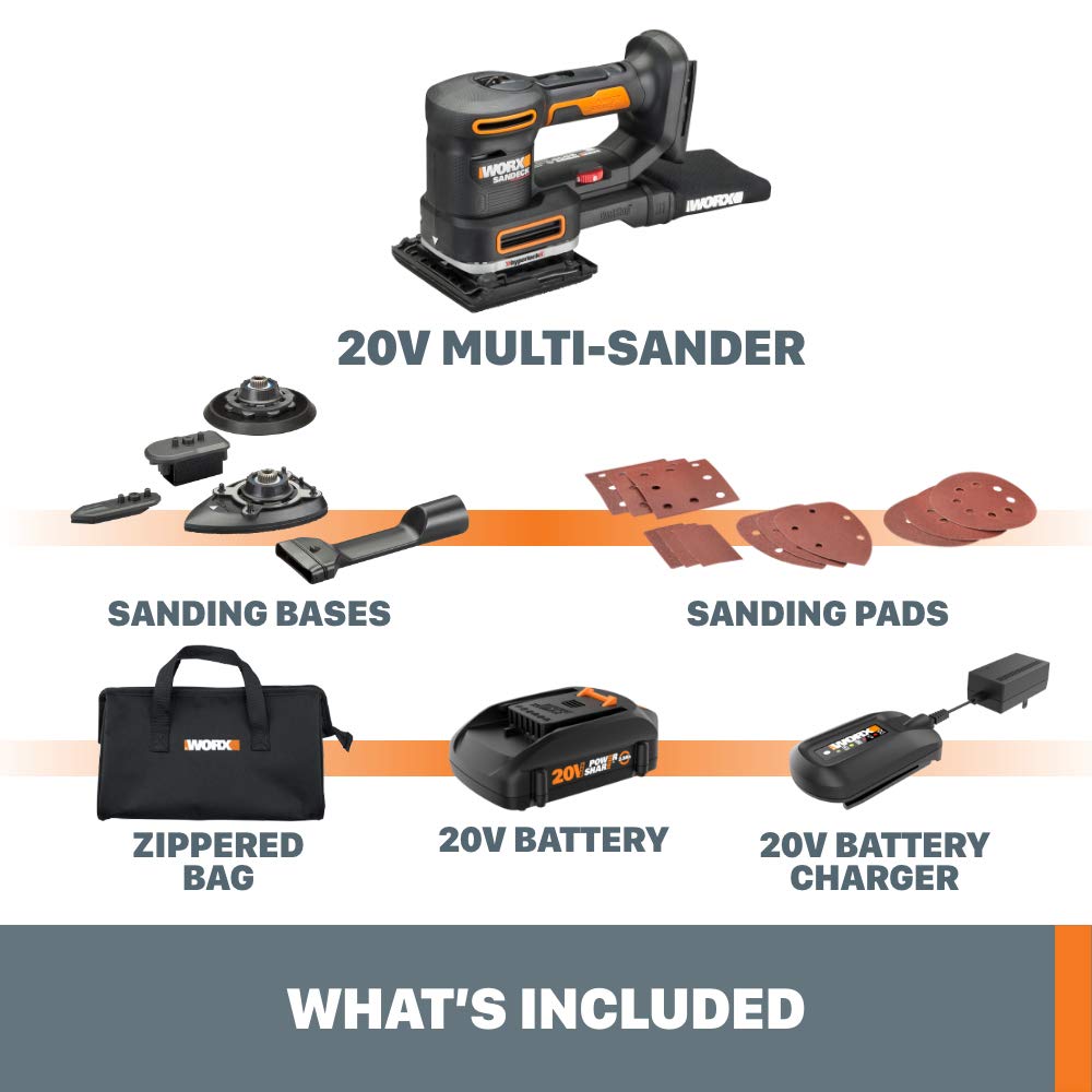 WORX 20V Cordless Random Orbital Sander - 5-in-1 Multi-Sander with Battery & Charger (WX820L) - Perfect for Woodworking, Sanding Furniture, DIY Projects & Home Renovation