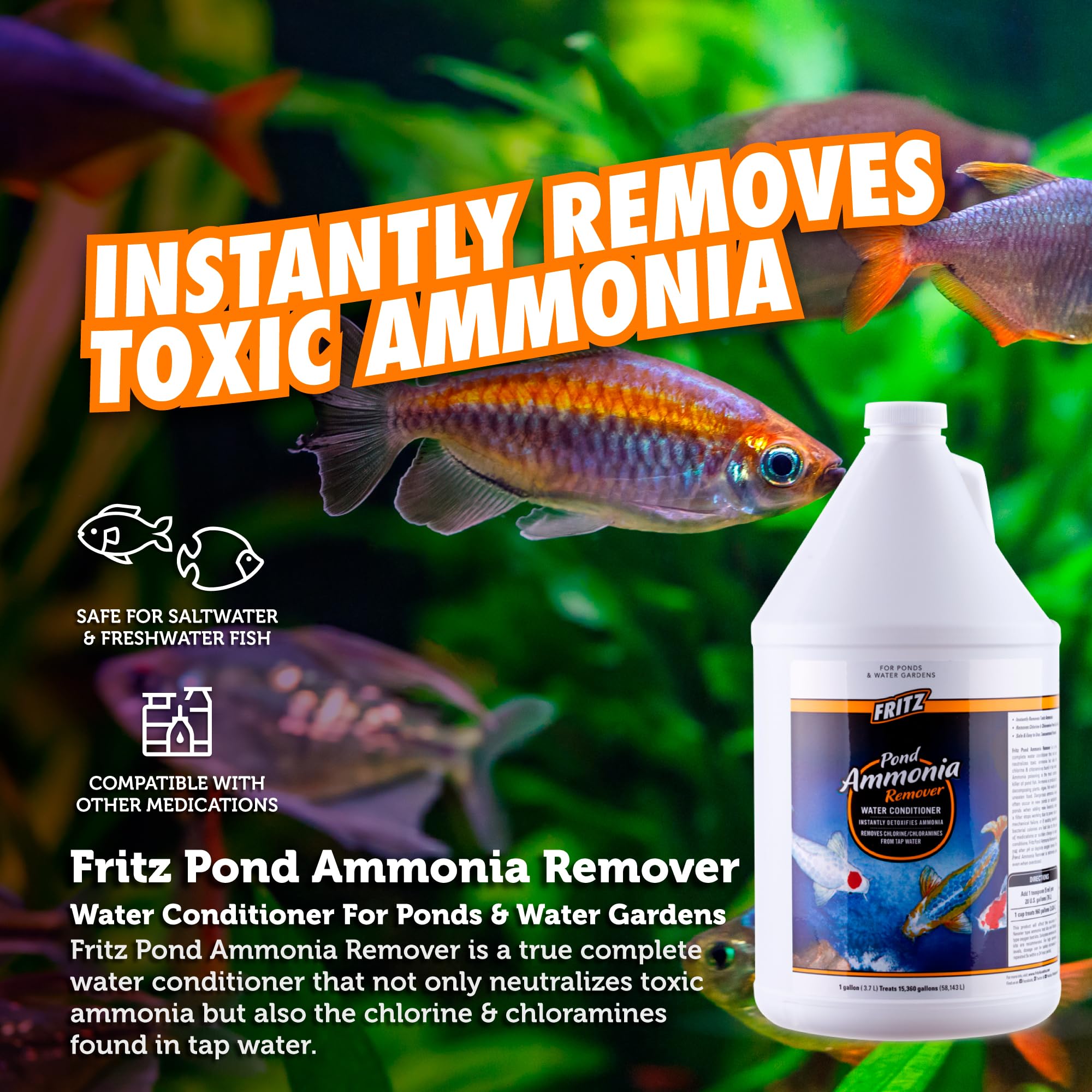 FritzPond Ammonia Remover Water Conditioner for Aquariums - 1 Gallon - Eliminates Chlorine & Detoxifies Fish Tanks - Perfect for Freshwater & Saltwater Fish Care