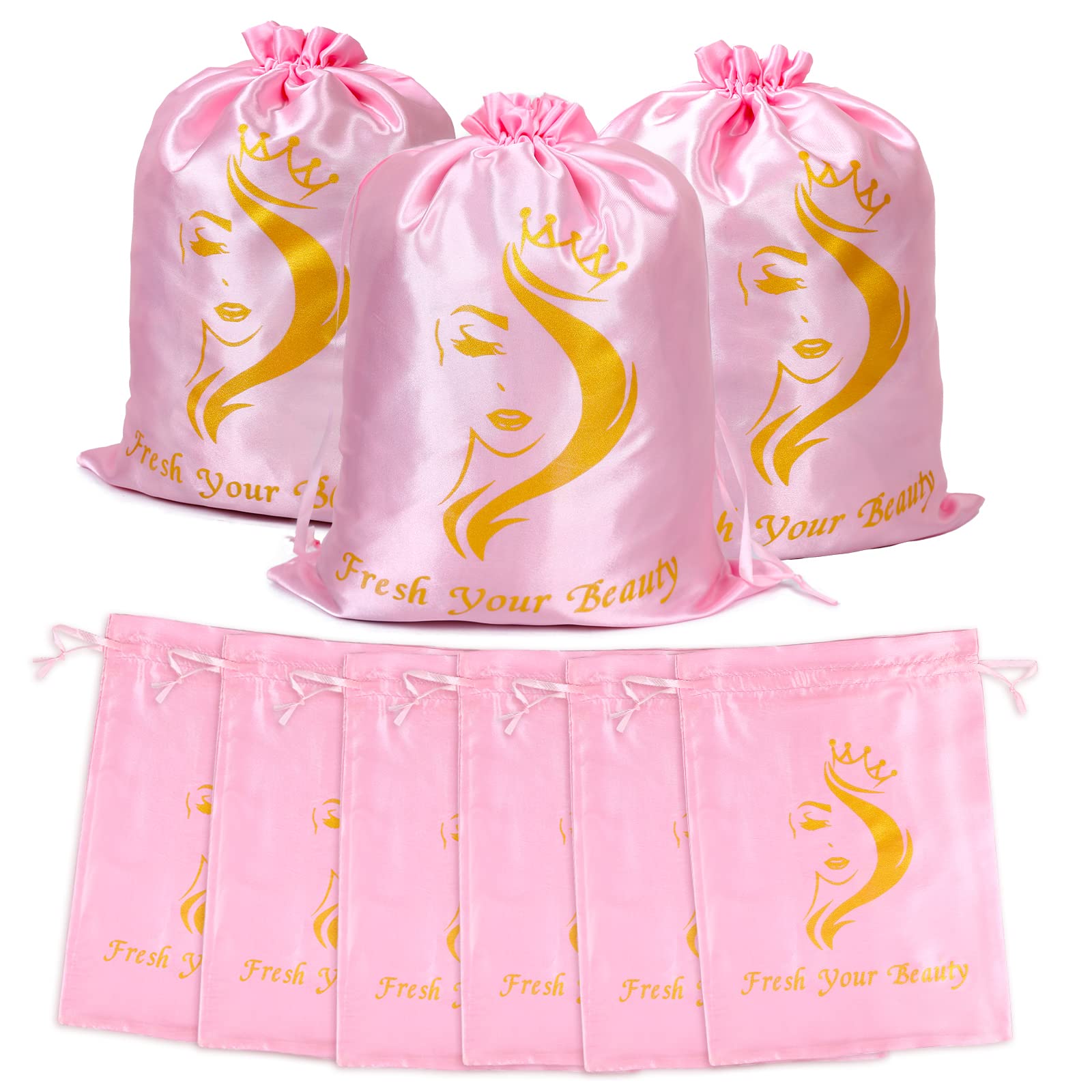 6PCS Satin Wig Storage Bags with Drawstring - Premium Silk Hair Extension Organizer for Wigs, Bundles & Weaves (Pink) - Perfect for Travel, Salon Storage & Hair Care Organization