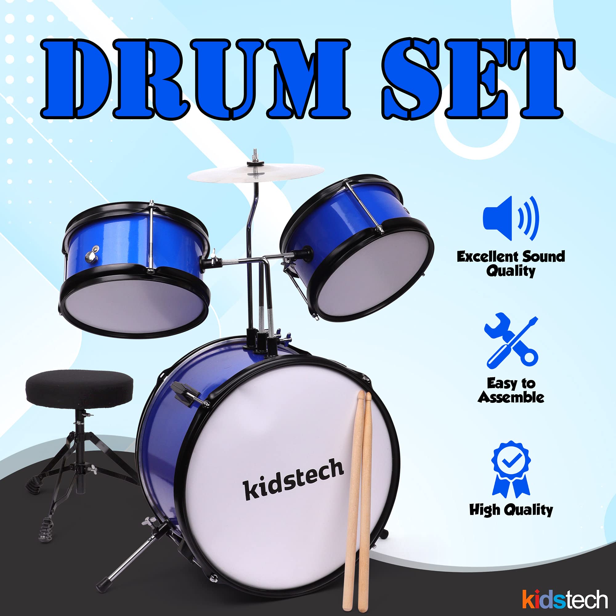 **Kidstech 5-Piece Junior & Adult Drum Set with Microphone, Drumsticks & Adjustable Seat - Musical Toy for Boys, Girls Ages 3+ - Perfect for Birthday Gifts, Home Play & Early Music Education (Large Size)**