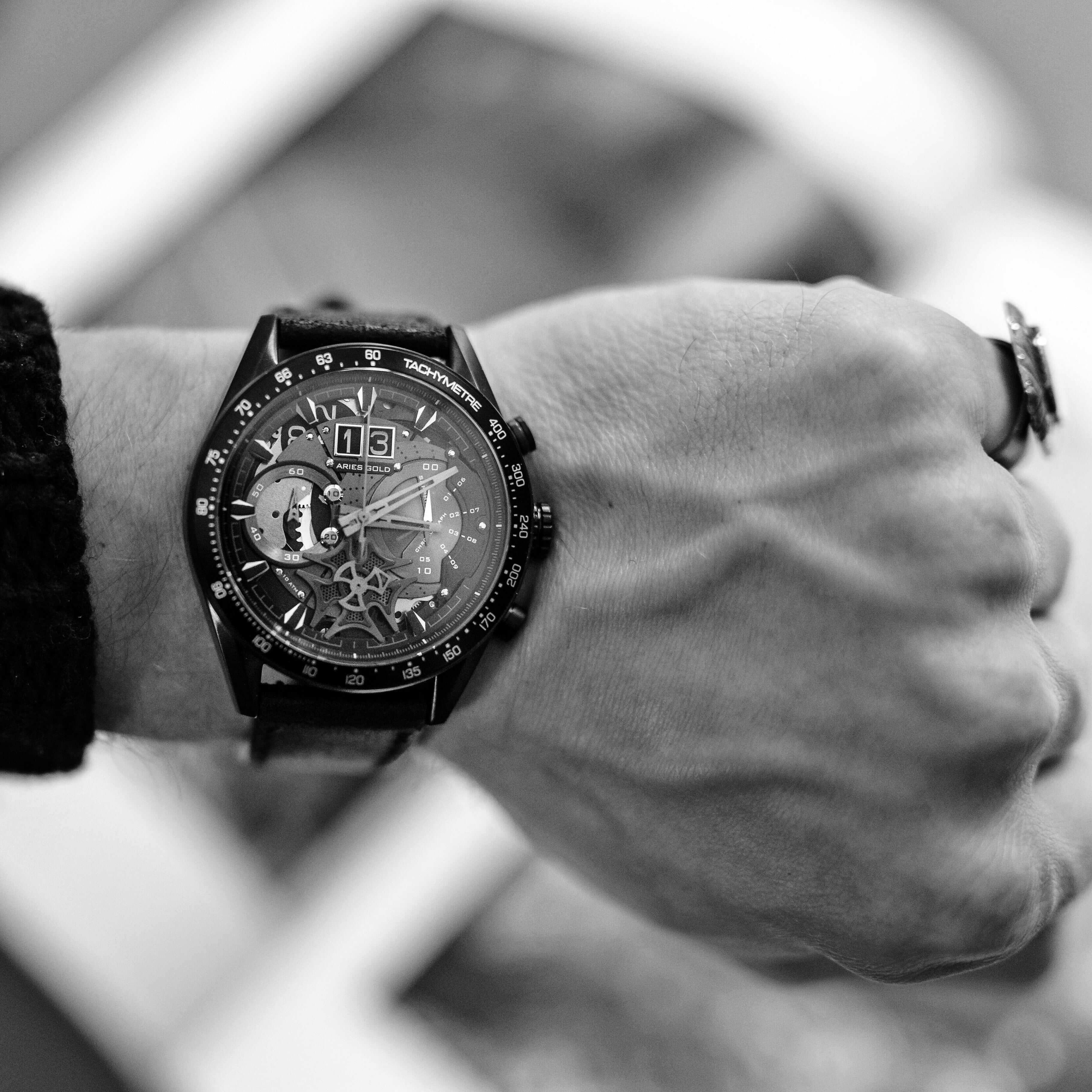 ARIES GOLD Chronograph Men's Watch - Black Stainless Steel Case & Leather Strap - Water Resistant - Perfect for Business, Casual & Formal Occasions
