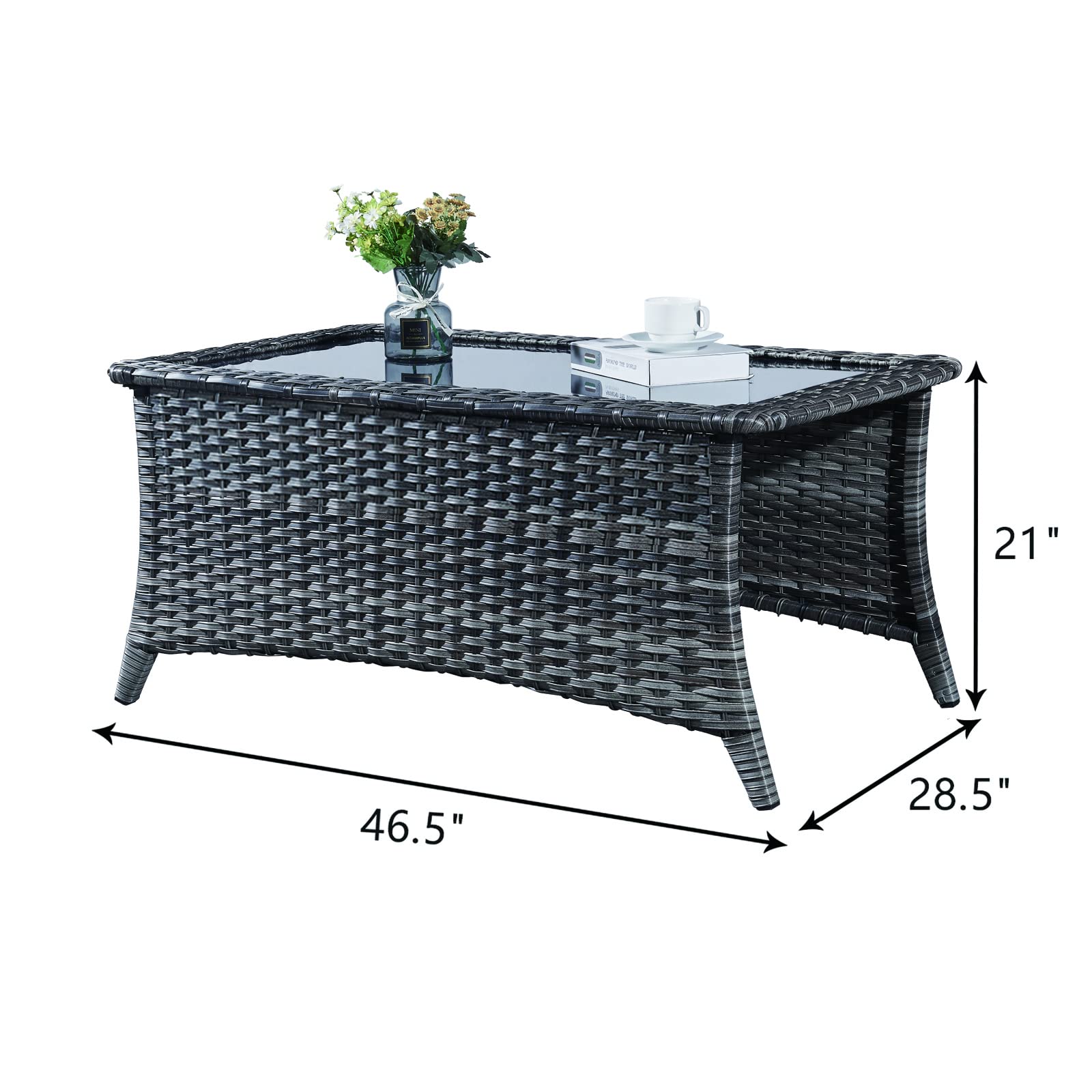 6-Piece Outdoor Patio Wicker Furniture Set - Rattan Sectional Sofa with 3-Seat Couch, 2 Armchairs, 2 Ottoman Footrests & Glass Top Coffee Table - Grey/Blue - Perfect for Backyard, Garden, Poolside & Outdoor Conversations