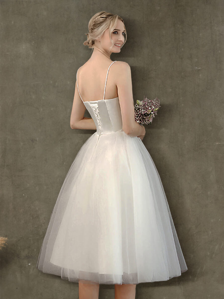 Elegant A-Line Ballet Spaghetti Straps Sweetheart Satin Tulle Short Wedding Dress for Bride, Bridesmaid, or Prom - Perfect for Beach Weddings, Vow Renewals & Romantic Photo Shoots