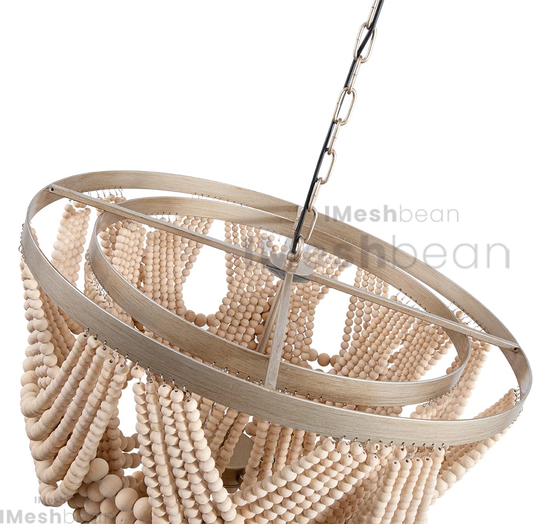Boho Wood Beaded Chandelier Light Fixture - Handmade Bohemian Farmhouse Ceiling Light with Draped Beads for Living Room, Bedroom & Dining Room Decor