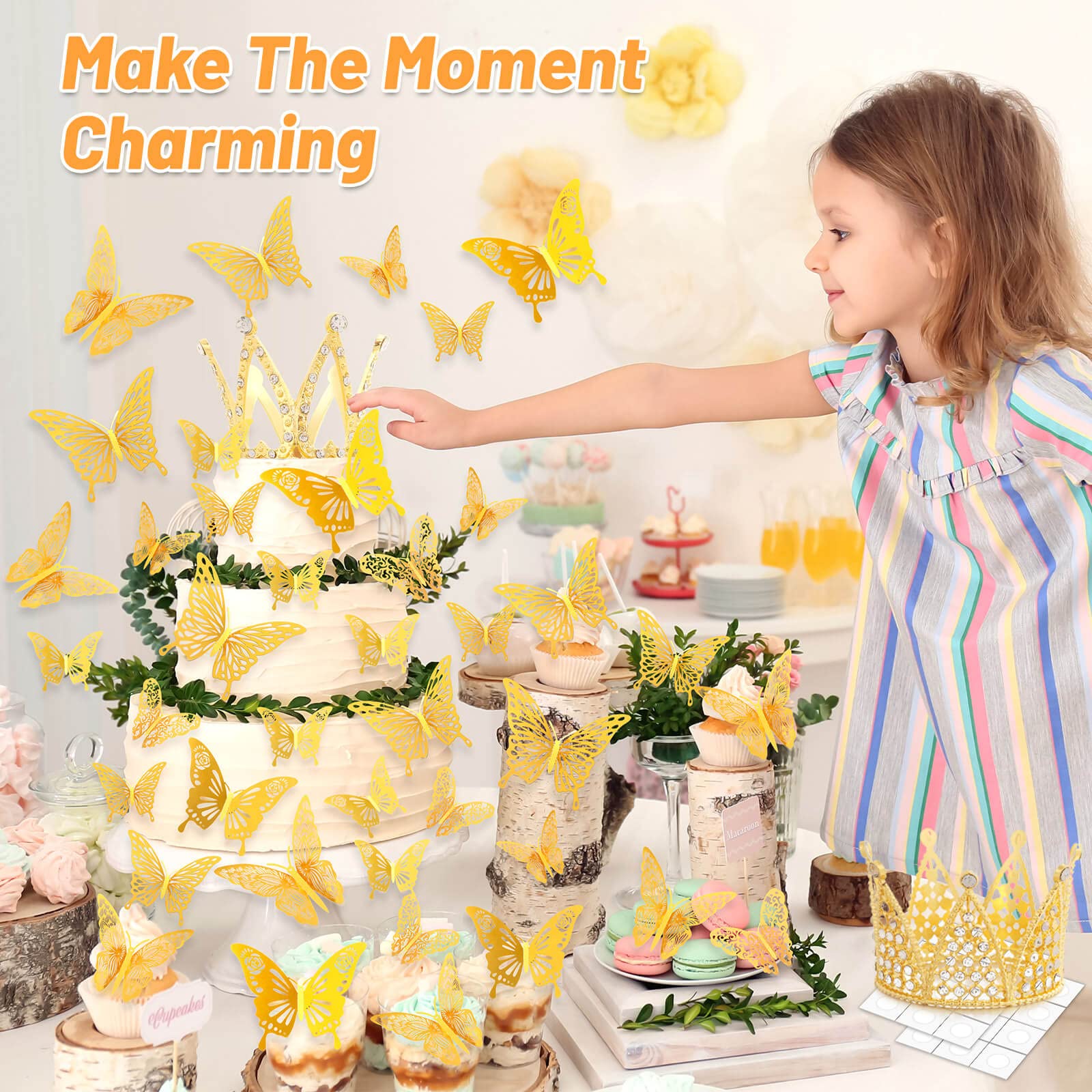 53 Pcs Flower Bouquet Accessories Set - 5 Gold Crowns & 48 Gold Butterflies for Wedding Bouquets, Birthday Cakes, Baby Showers - DIY Floral Arrangement & Party Decorations