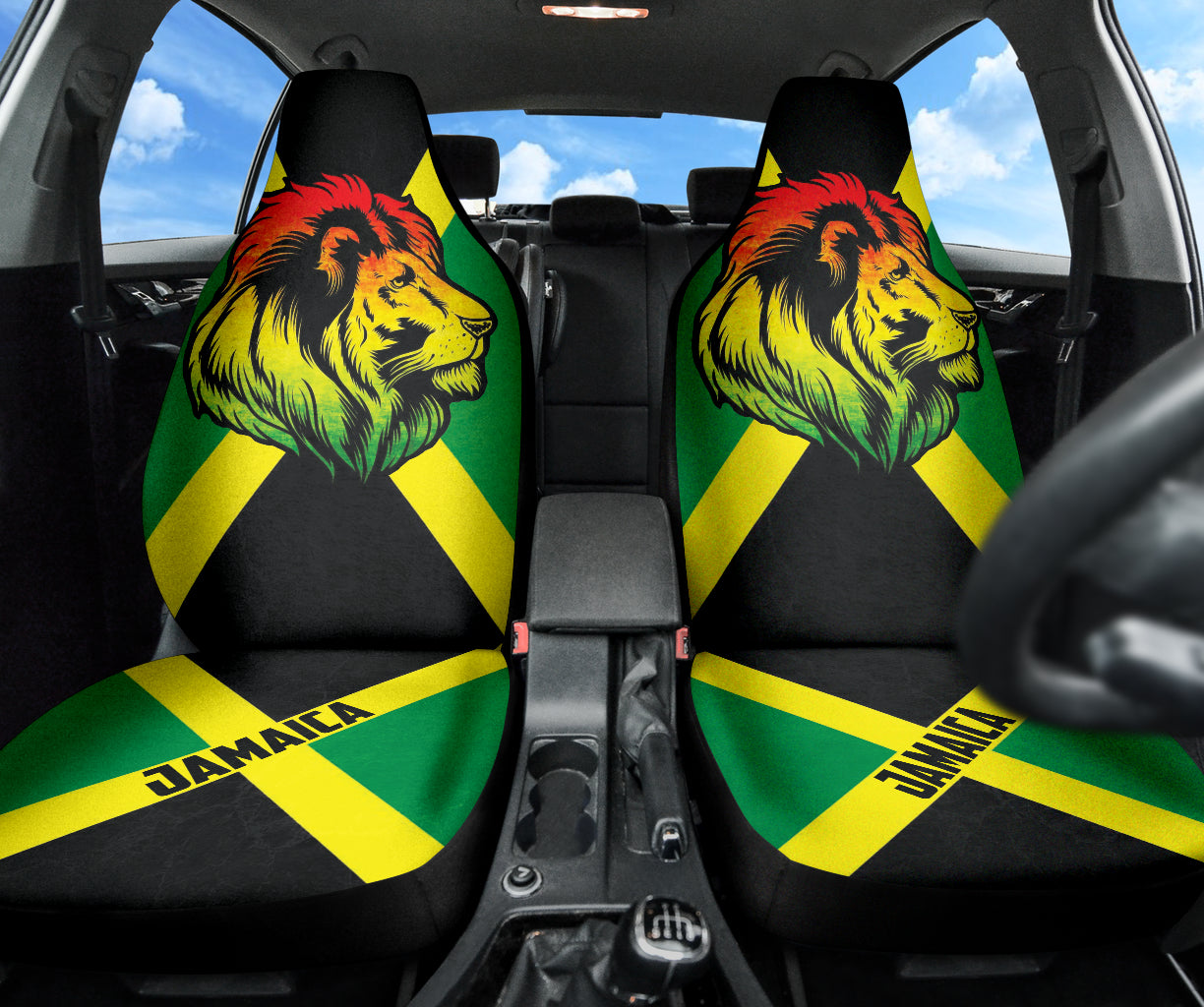 Premium African Print Lion & Jamaica Flag Color Car Seat Covers 211701 - Stylish Protection for SUVs, Trucks & Sedans
