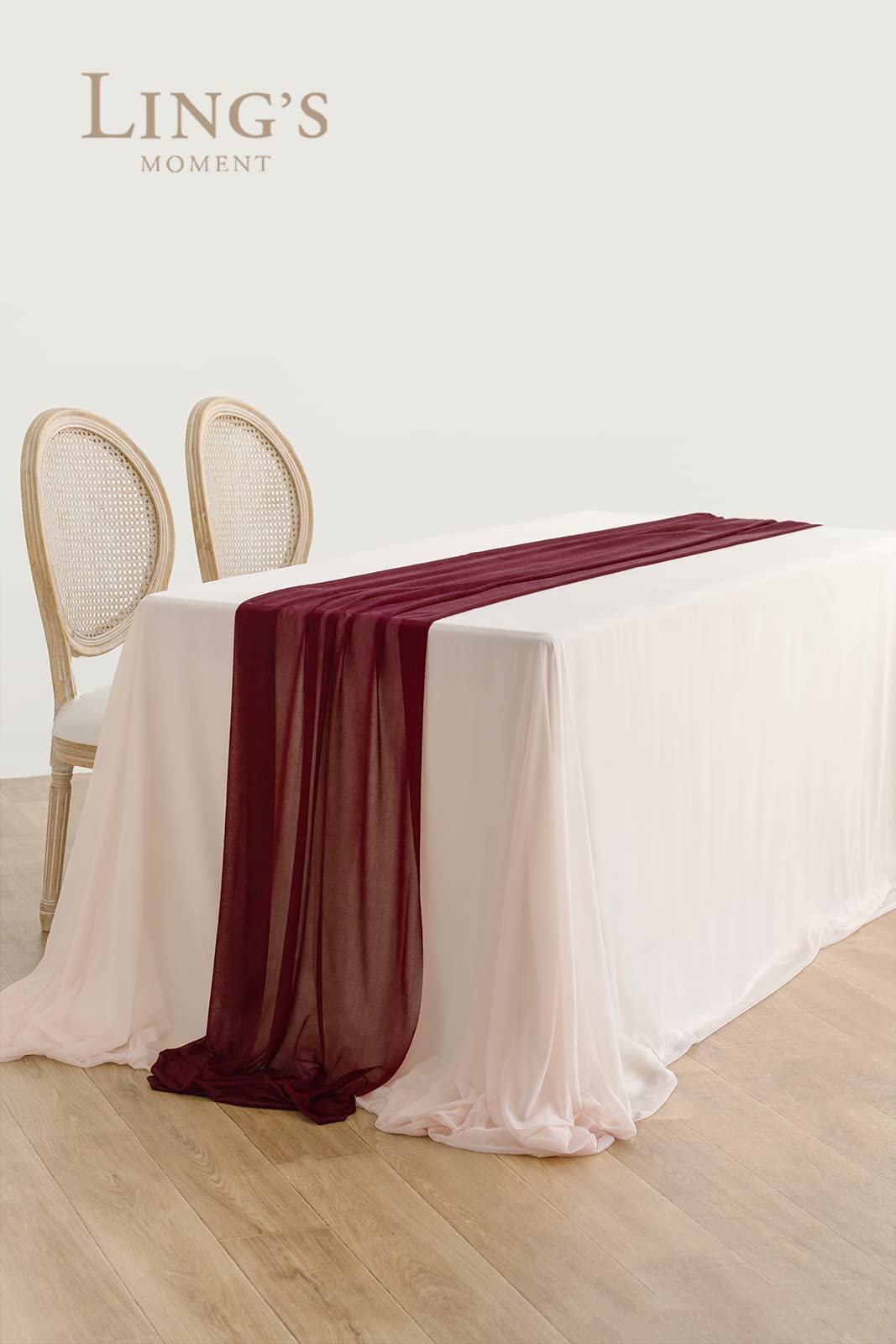 Ling's Moment Sheer Chiffon Blush Tablecloth & Burgundy Table Runner Set - 4ft Rectangle Wedding Table Decor for Head Table, Sweetheart Table, Bridal Shower & Party Decorations | Elegant Dining & Event Table Setting