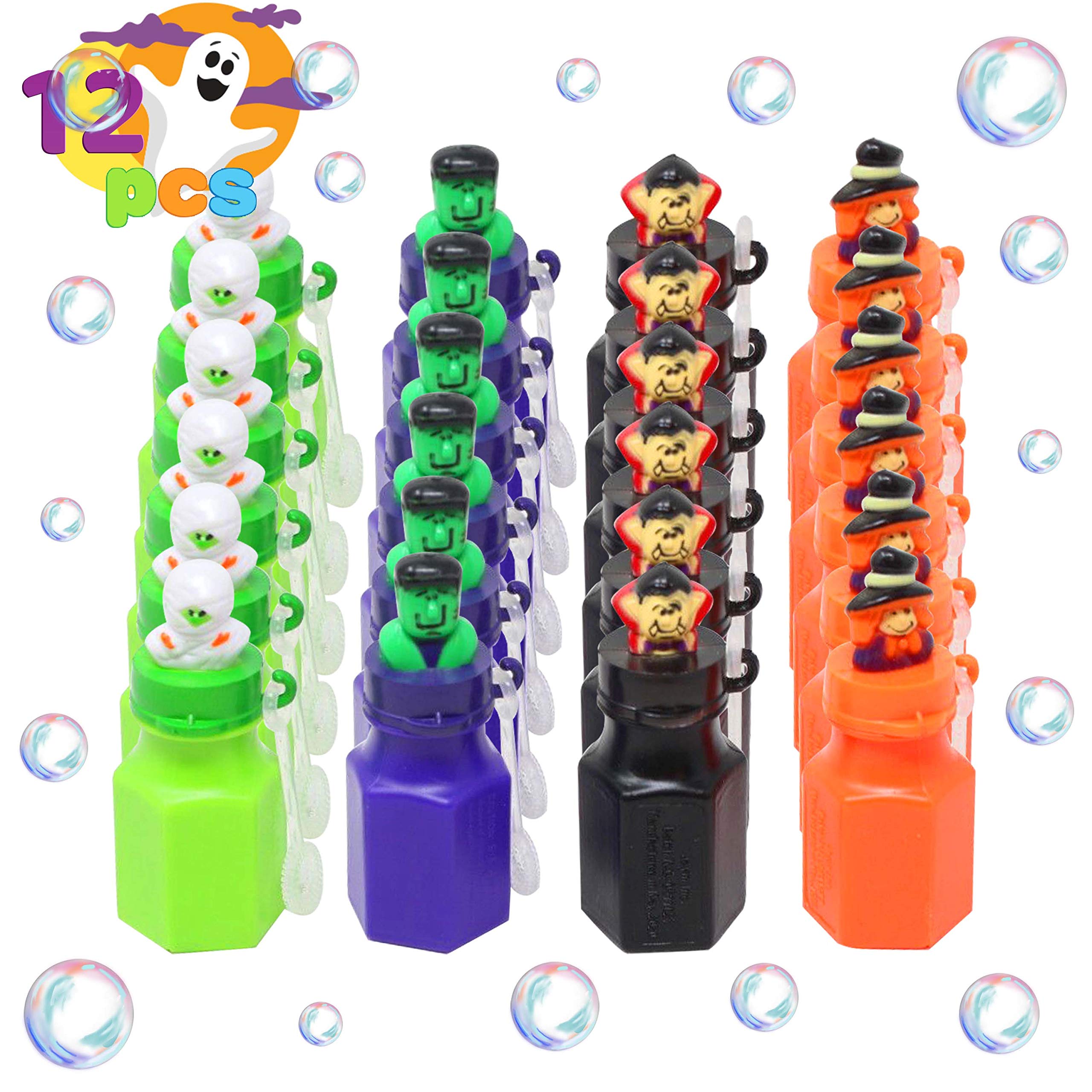 JOYIN 12 Pcs Halloween Bubble Wands - 4 Spooky Designs Mini Bubble Blowers for Kids, Trick or Treat Party Favors & Halloween Gift Set - Perfect for Halloween Parties, Classroom Activities & Outdoor Play