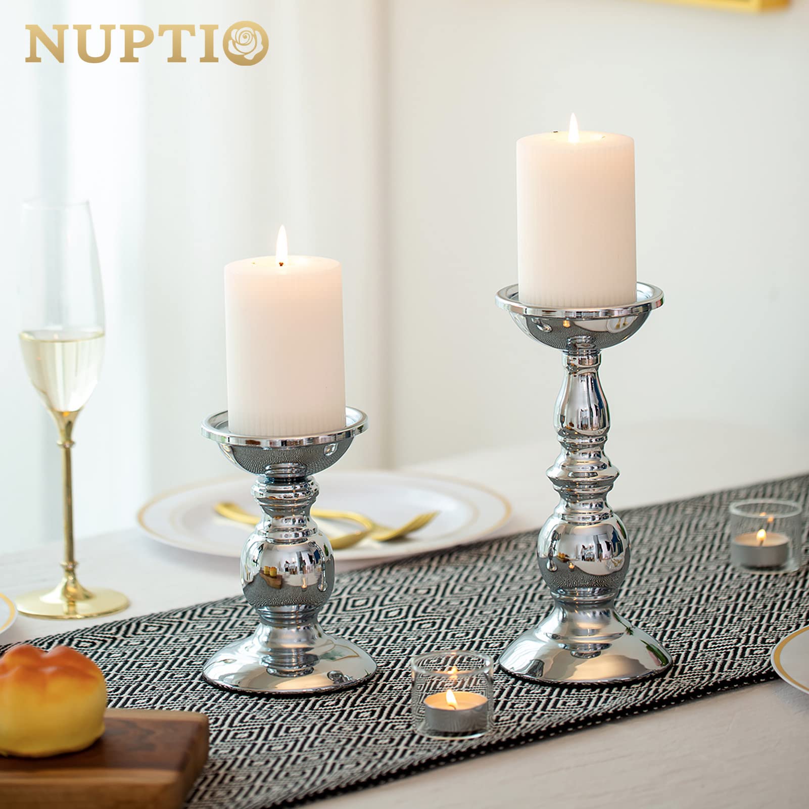 Elegant Silver Metal Pillar Candle Holders for 3-Inch Candles - Set of 2 | Perfect for Living Room Decor, Garden Ambiance, Spa Relaxation, Aromatherapy, Incense Cones, Weddings & Parties