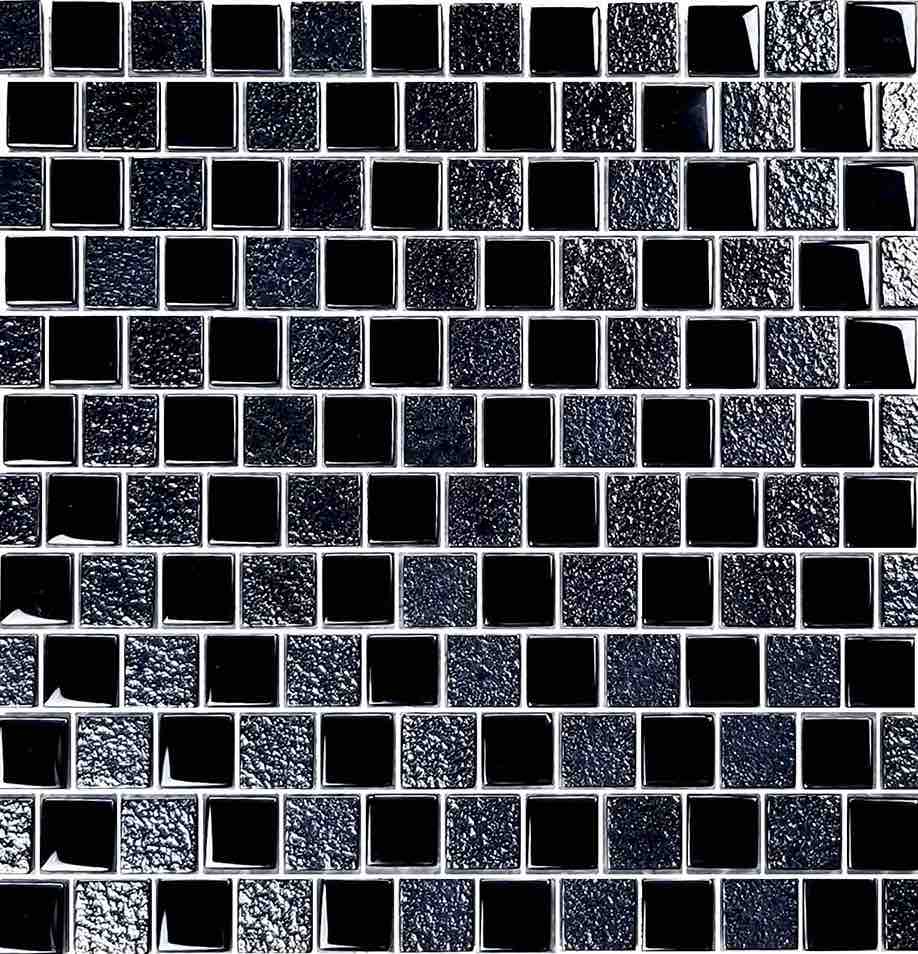 Black Glass Mosaic Tile 1x1 - Staggered Mirror Design for Backsplash, Shower Walls & Home Decor