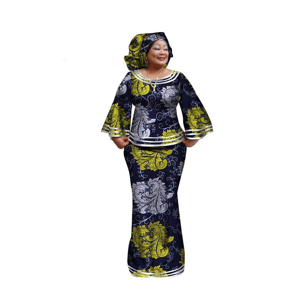 **African Print Dashiki Dress & Skirt Set with Headscarf – Ankara Bazin Riche Women's Outfit for Parties, Weddings & Cultural Events**