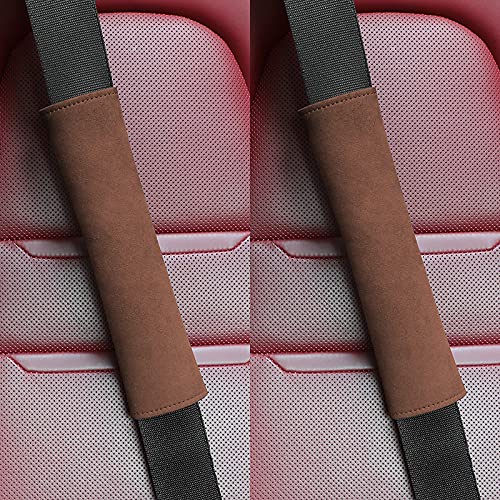 JEYODA 2Pcs Premium Suede Car Seat Belt Covers - Soft Shoulder Pads for Comfort & Protection - Universal Fit for Adults & Kids (Brown) - Ideal for Long Drives, Road Trips & Daily Commute