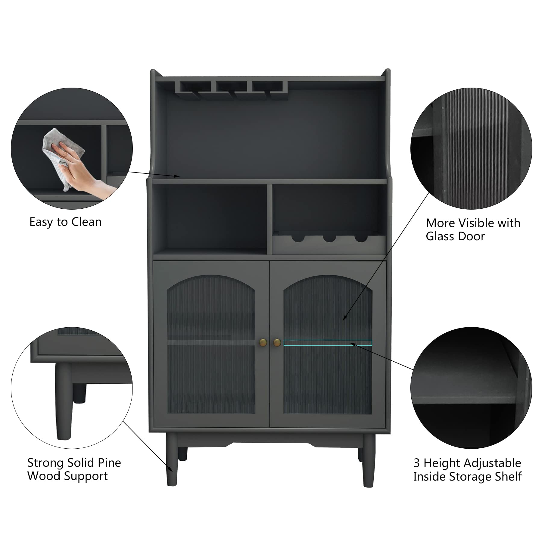 mikibama Wooden Bar Cabinet with Storage - Glass Hanger & Wine Rack Buffet Sideboard, Accent Console Table Credenza for Liquor, Kitchen, Living Room, Pub - Perfect for Home Entertaining & Dining Room Decor