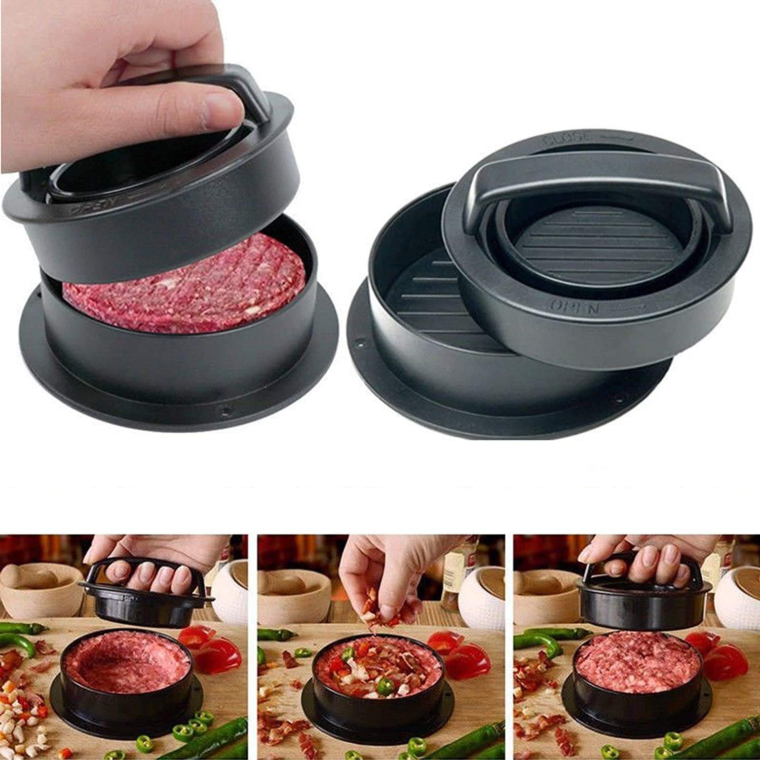 Vansonly 3-in-1 Burger Press & Patty Maker - Adjustable Sizes for Stuffed Burgers, Perfect for BBQ Grilling & Backyard Cookouts - Ideal for Home Chefs & Outdoor Cooking Enthusiasts