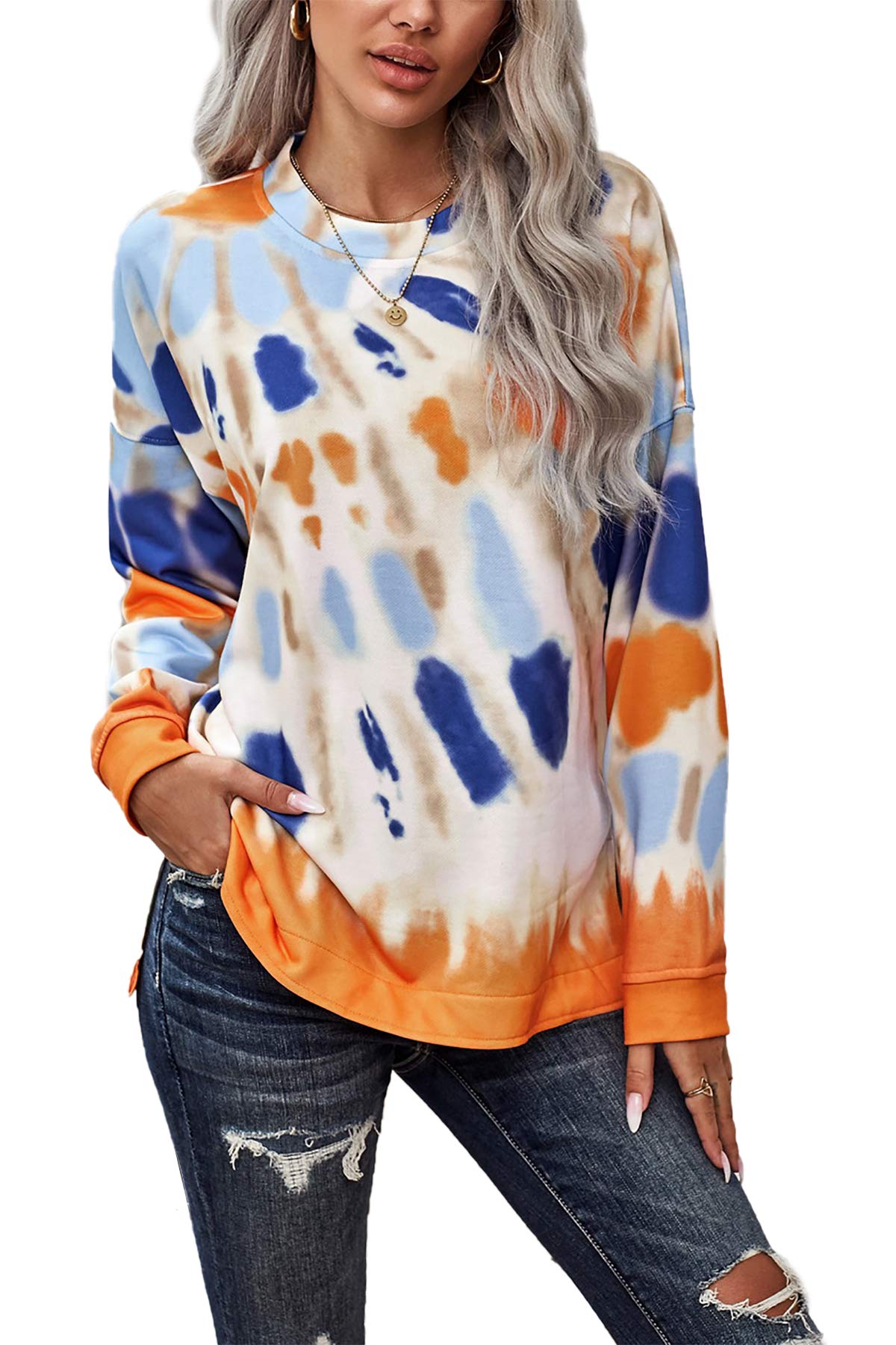 CNFUFEN Women's Tie Dye Sweatshirt - Loose Fit Long Sleeve Pullover Crewneck Top for Casual Wear, Street Style & Loungewear