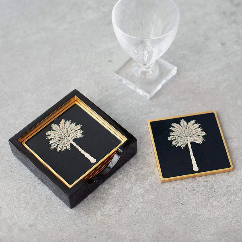 Caspari Grand Palms Black Lacquer Coasters Set of 4 - Elegant Drink Coasters for Home Bar, Dining Table & Office Decor