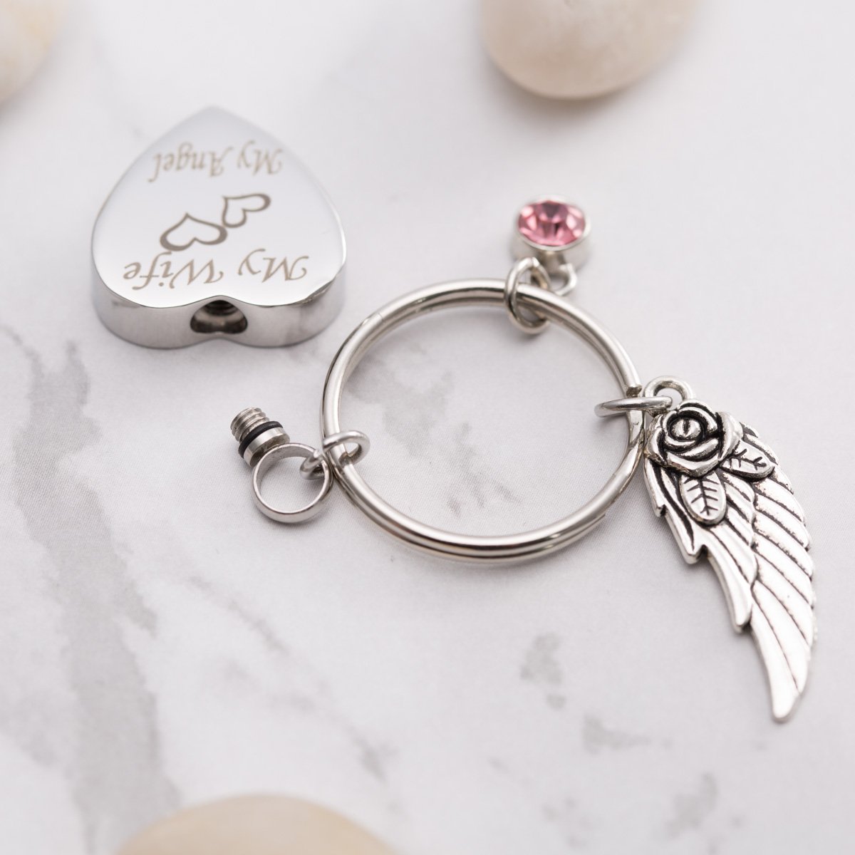 GIONO Cremation Urn Keychain - Memorial Jewelry with Angel Wing & Birthstone Charm for Ashes - Perfect Keepsake Gift for Wife, Mother, Loved Ones - Use for Remembrance, Funeral, or Special Occasions