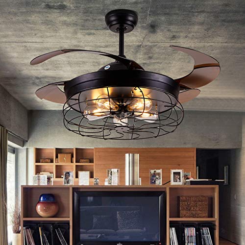 42'' Retractable Ceiling Fan with Light - Farmhouse Industrial Pendant Chandelier with Remote Control & Invisible Blades (Requires 5 Edison Bulbs) for Living Room, Bedroom, Dining Room, Office, Kitchen - Perfect for Home Cooling and Stylish Lighting