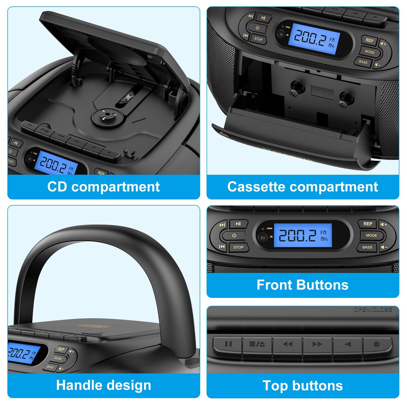 Hernido Portable Boombox with CD Cassette Player Combo, FM Radio, Rechargeable Stereo Speakers, Super Bass, AUX-In, USB Playback, Headphone Jack – Perfect for Home, Parties, and Outdoor Gatherings