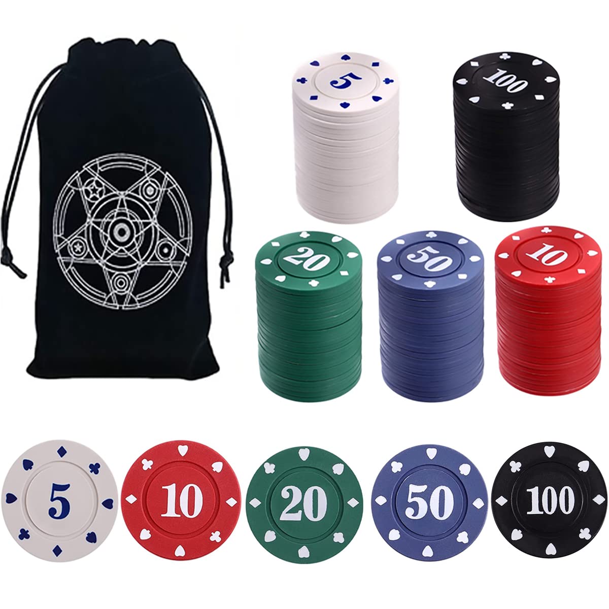 Premium IXIGER Poker Chips Set - 100pcs Plastic Casino-Style Chips with Black Velvet Pouch Bag for Math Learning, Game Nights & Poker Parties - Perfect for Home Entertainment, Classroom Counting & Casino-Themed Events