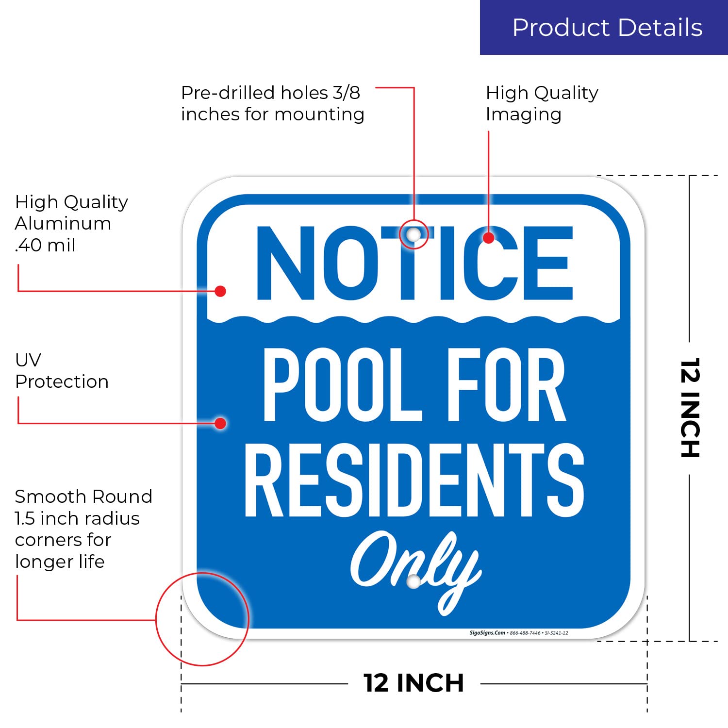 Residents Only Pool Sign - 12x12 Inches Rust-Free .040 Aluminum, Fade-Resistant for Indoor & Outdoor Use - Made in USA - Perfect for Community Pools, Apartment Complexes & Private Swimming Areas
