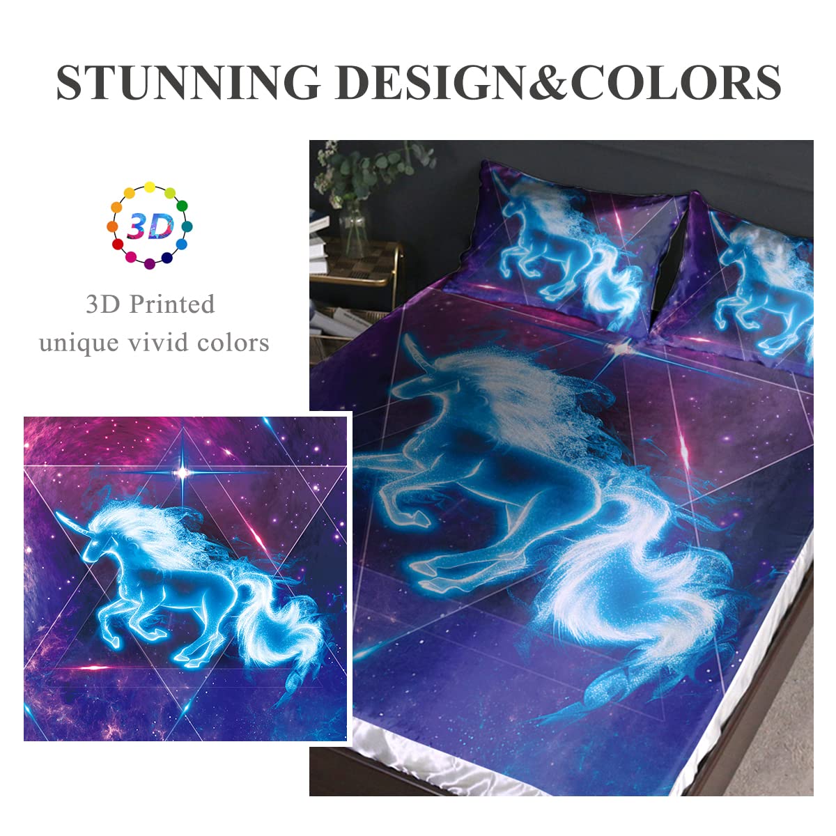 BlessLiving Galaxy Unicorn Satin Sheets King Size - 4 Piece Sparkling Star Blue Bedding Set with Flat & Fitted Sheet | Ultra Soft Silky Fabric for Boys Room Decor | Perfect for Kids Bedroom, Sleepovers & Fantasy Themed Rooms