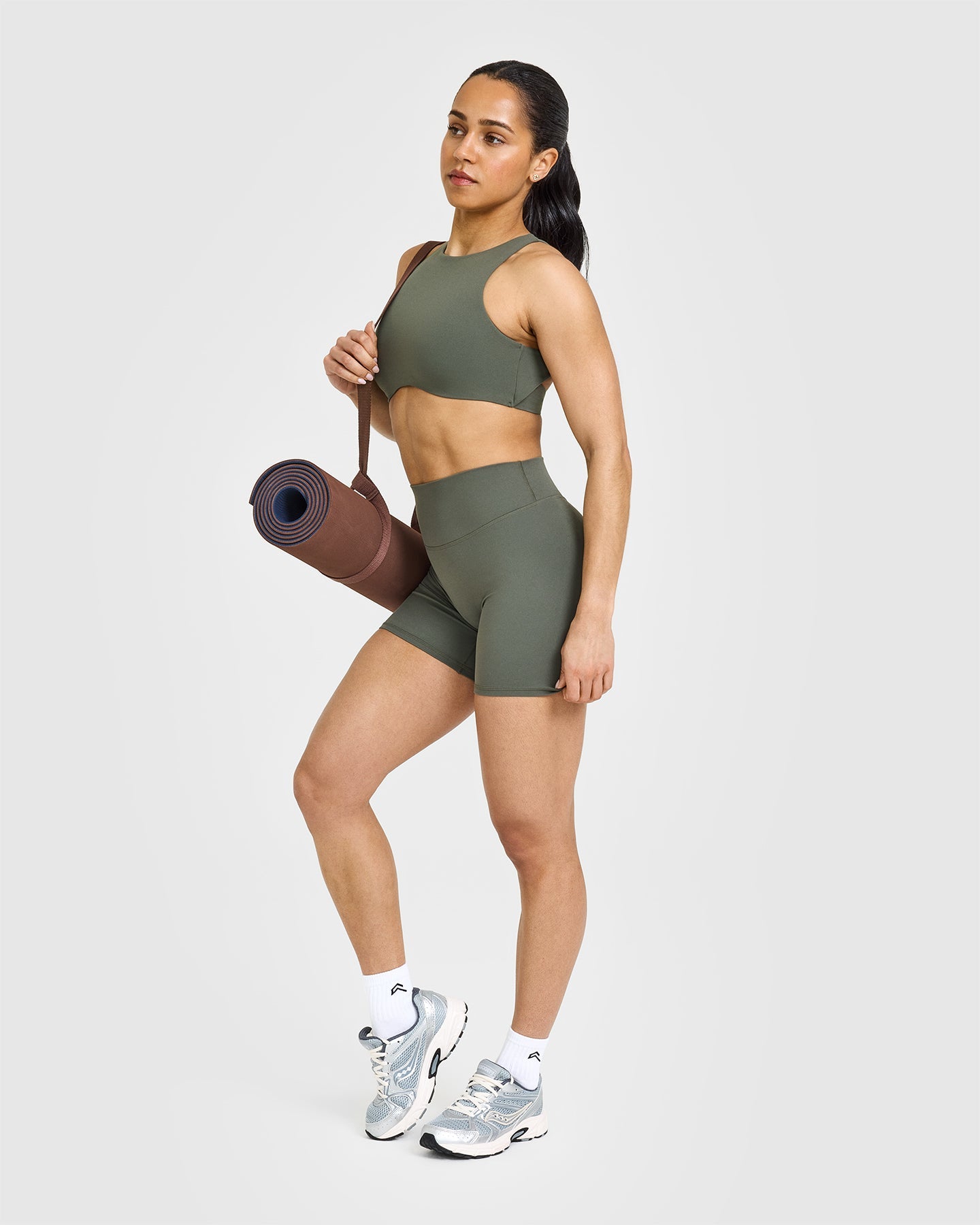 SoftMotion™ High Neck Sports Bra for Women - Dark Khaki | Breathable Workout Top for Yoga, Running & Gym | Plus Size Activewear