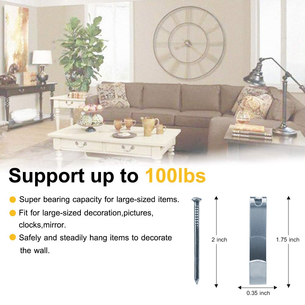 20 Pcs Heavy Duty Picture Hooks - Professional Wall Hangers Kit Supports up to 100lbs for Canvas, Photos, Clocks - Strong Drywall & Wood Mounting Hardware for Home Office Decor & Wall Art Display
