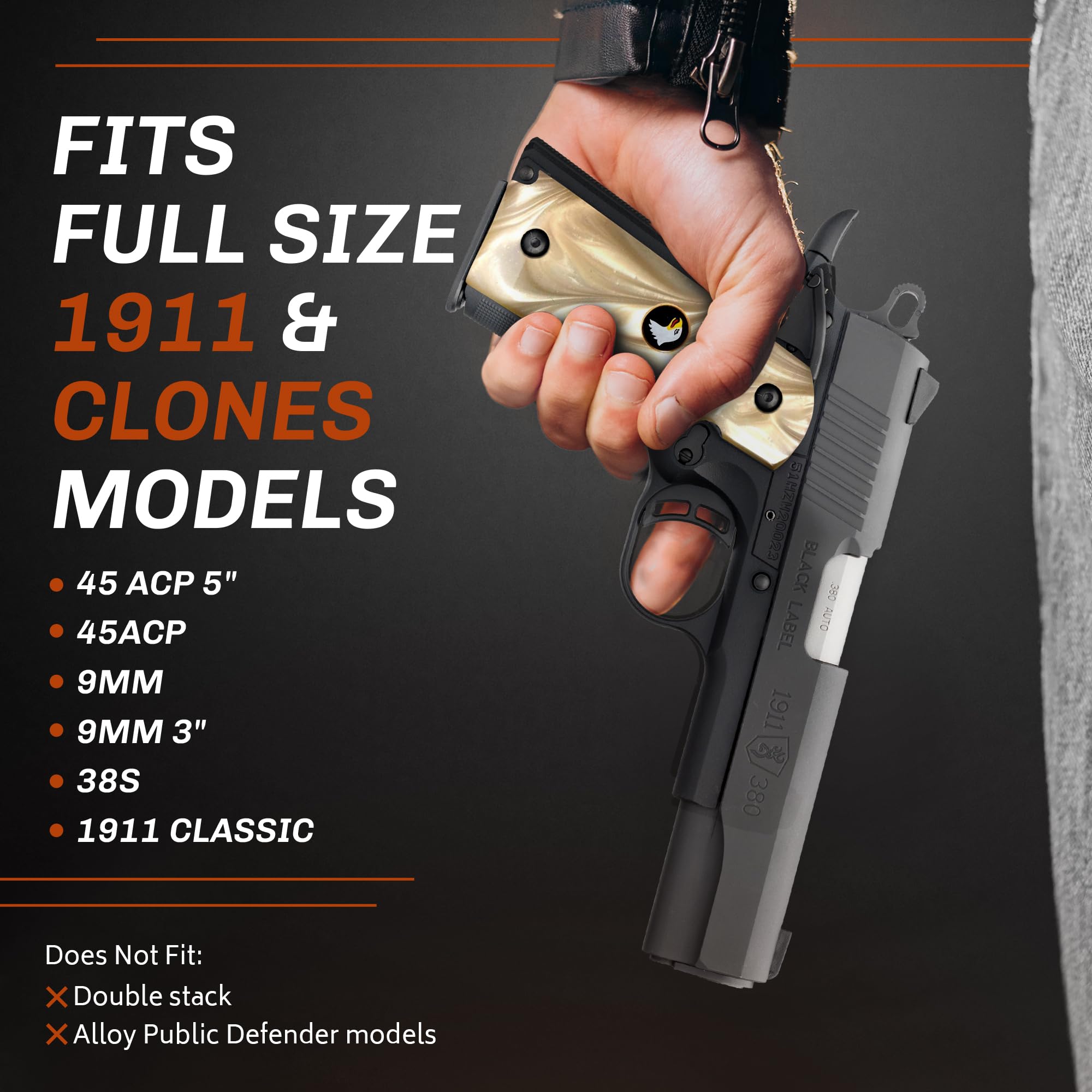 Premium 1911 Pearl Gun Grips - Compatible Replacement for Colt Government, Taurus, S&W, Springfield, Rock Island - Perfect for Concealed Carry & Competitive Shooting